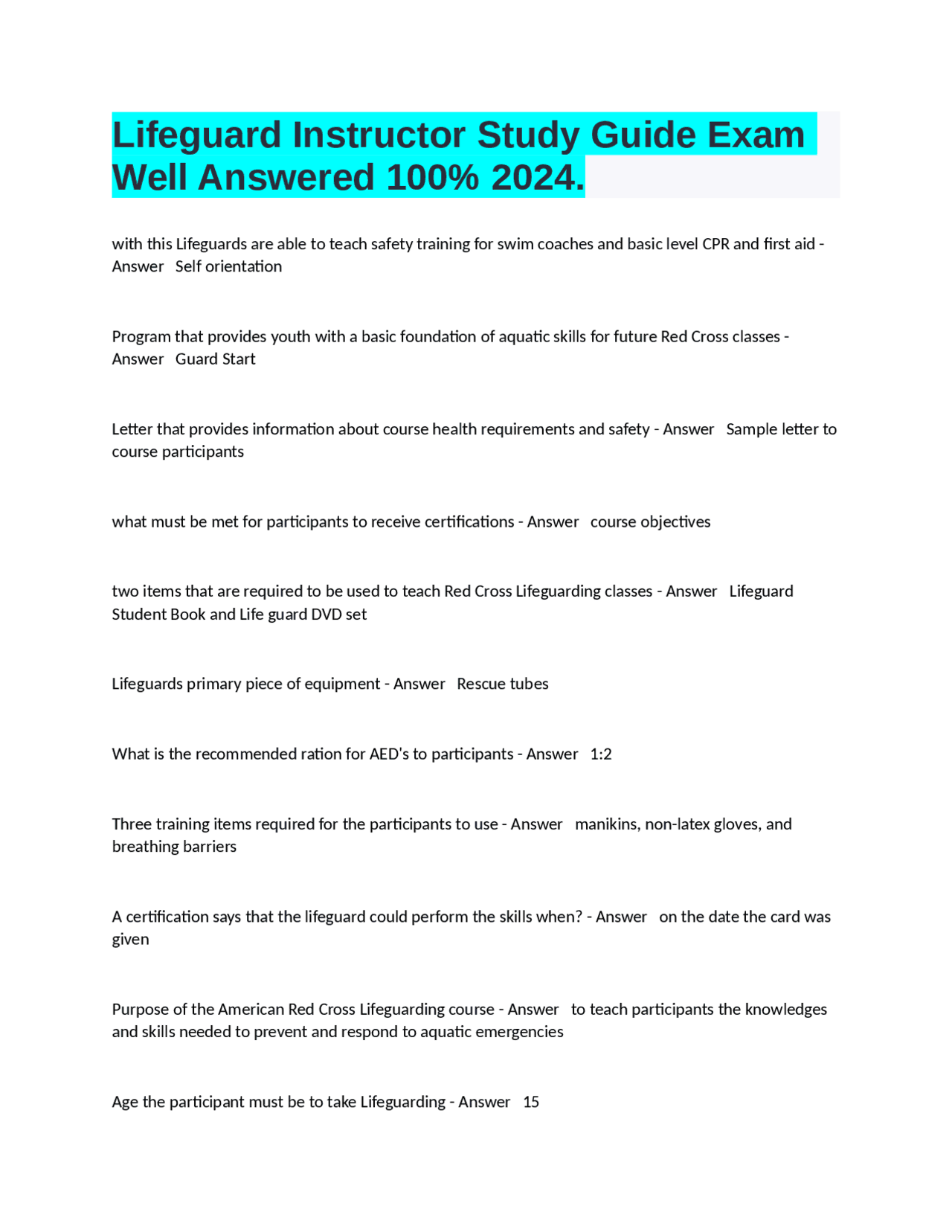 Lifeguard Instructor Study Guide Exam Well Answered 100% | Exams ...
