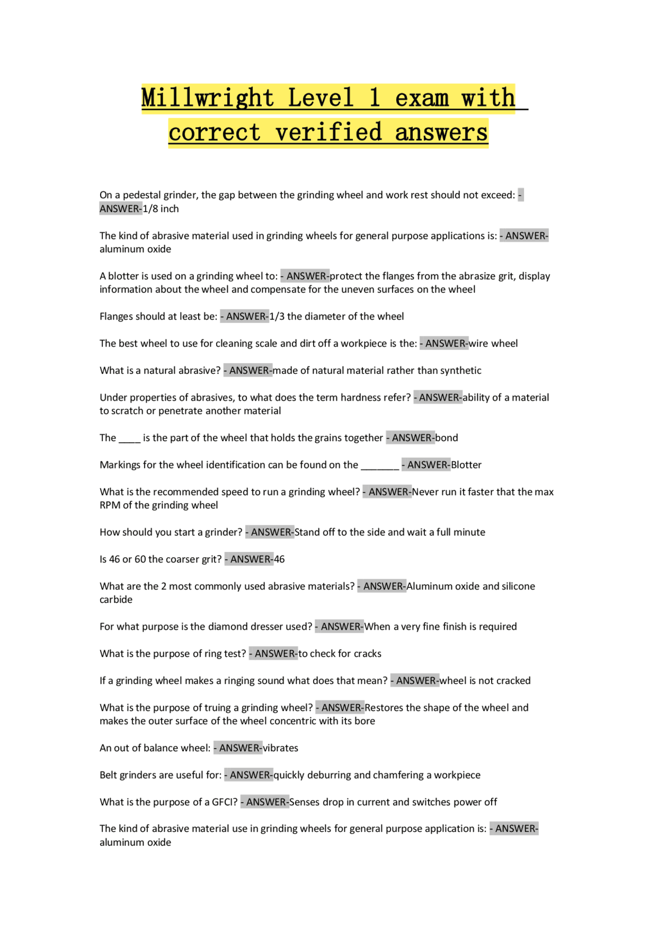 Millwright Level 1 exam with correct verified answers | Exams ...