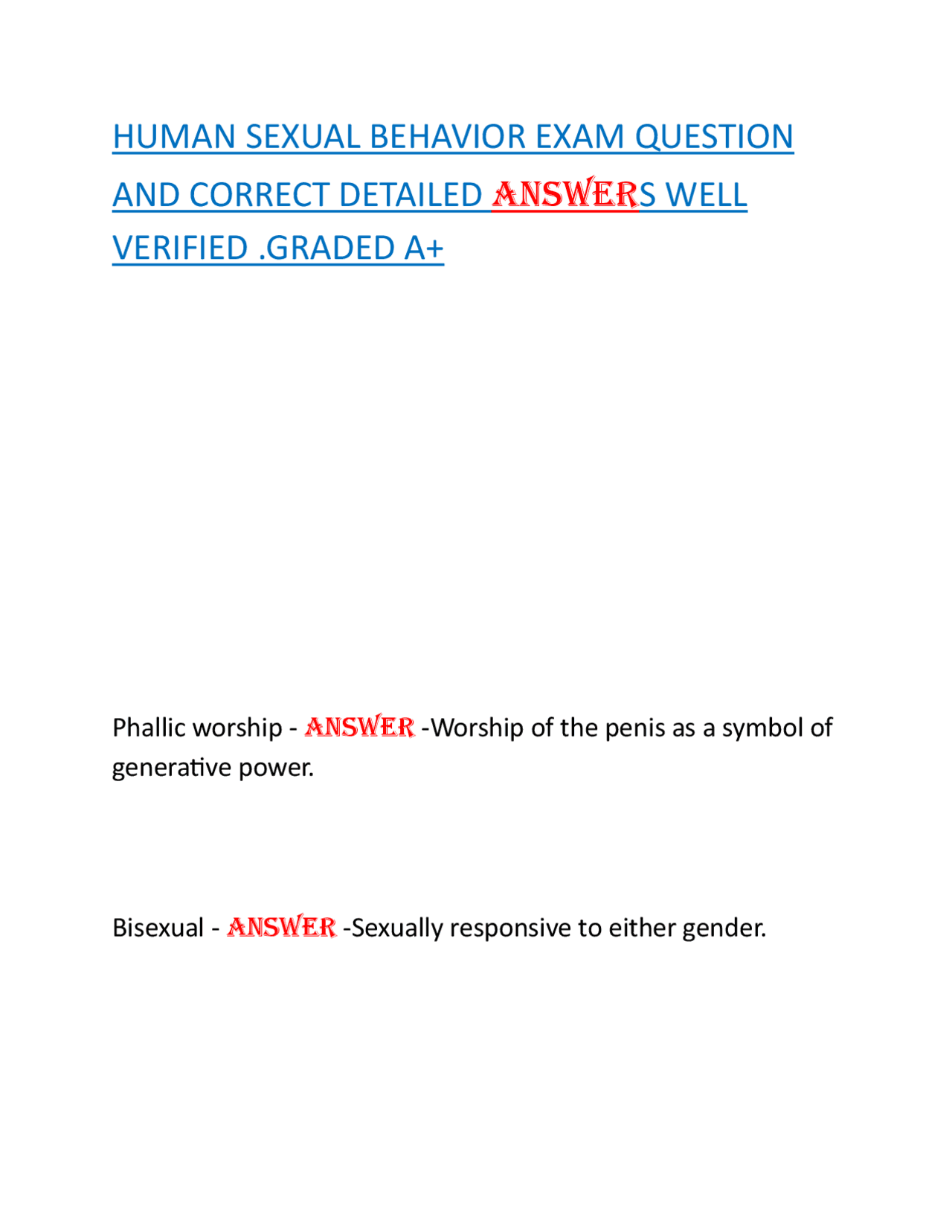 HUMAN SEXUAL BEHAVIOR EXAM QUESTION AND CORRECT DETAILED ANSWERS WELL ...