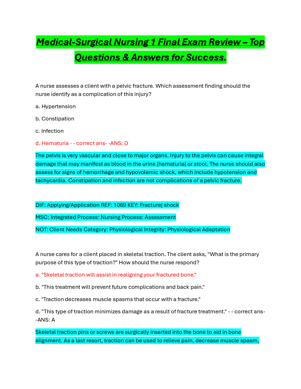Medical-Surgical Nursing Final Exam Review: Questions and Answers ...