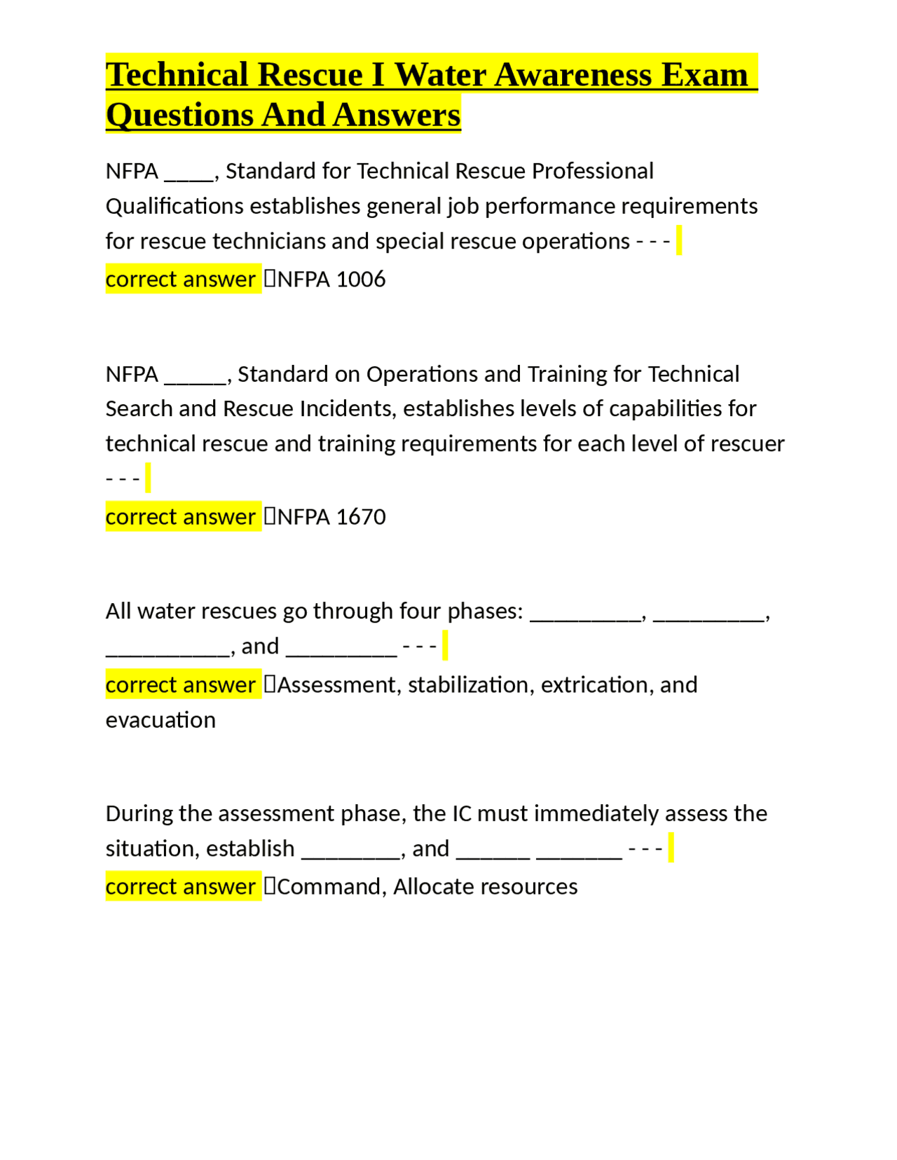 Technical Rescue I Water Awareness Exam Questions And Answers | Exams ...