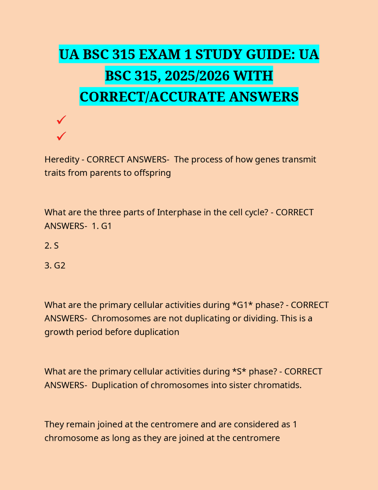 UA BSC 315 EXAM 1 STUDY GUIDE: UA BSC 315, 2025/2026 WITH CORRECT ...