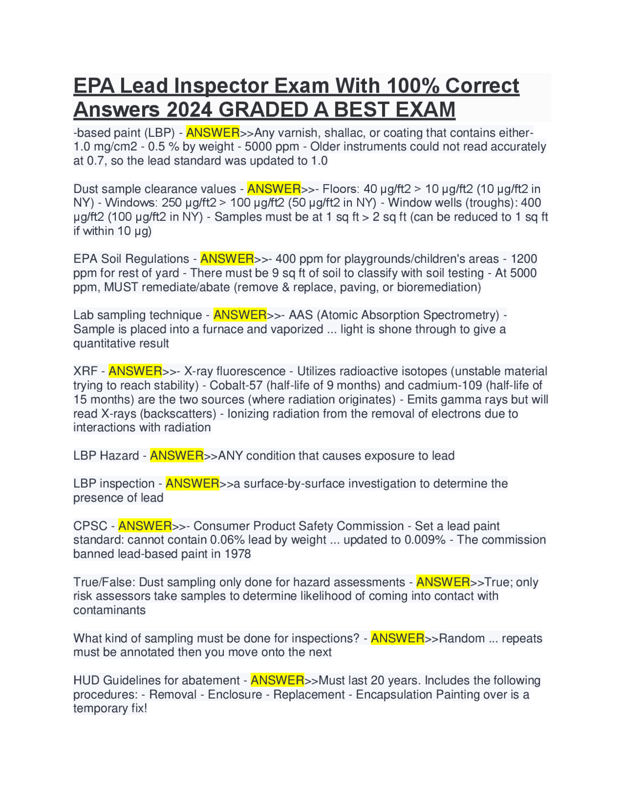 EPA Lead Inspector Exam With 100% Correct Answers 2024 GRADED A BEST ...