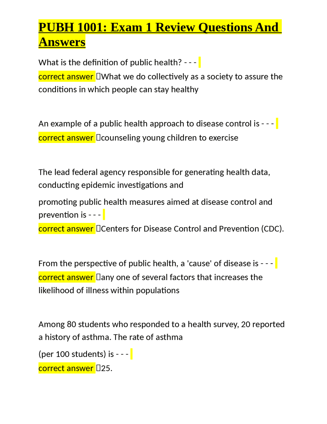 PUBH 1001 Exam 1 Review: Public Health Principles and Methods | Exams ...