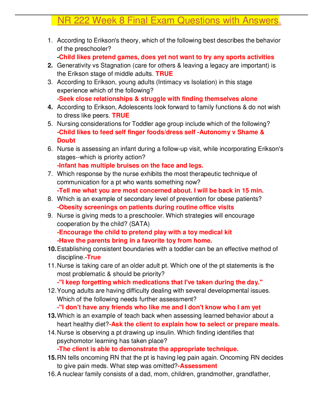 NR 222 Week 8 Final Exam Questions and Answers: A Review of Nursing ...