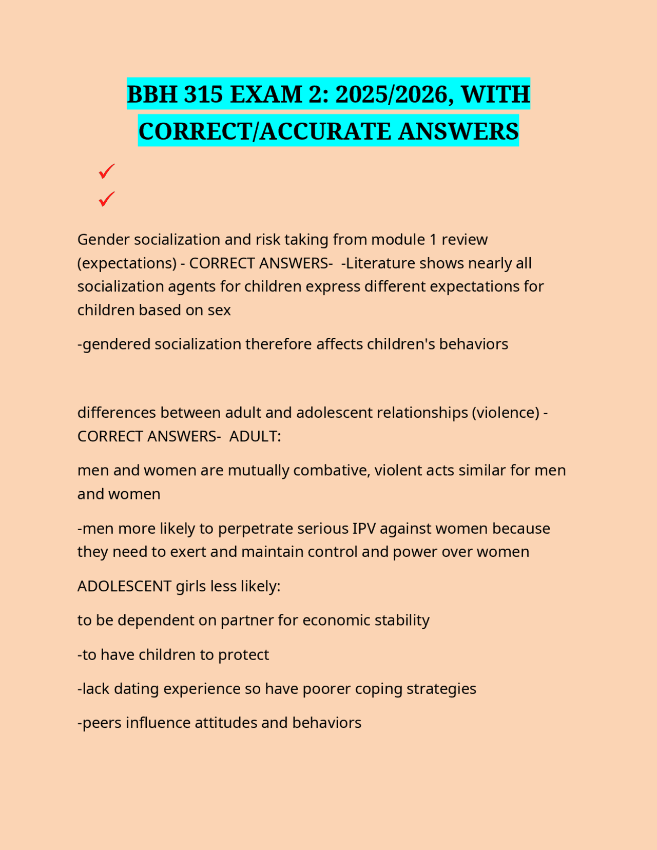 BBH 315 EXAM 2: 2025/2026, WITH CORRECT/ACCURATE ANSWERS | Exams ...
