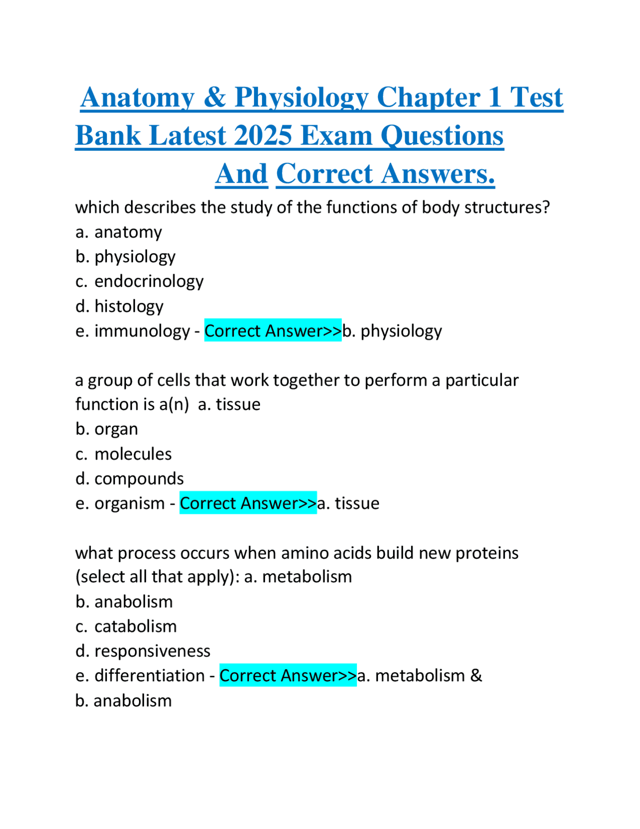 Anatomy & Physiology Chapter 1 Test Bank Latest 2025 Exam Questions And ...
