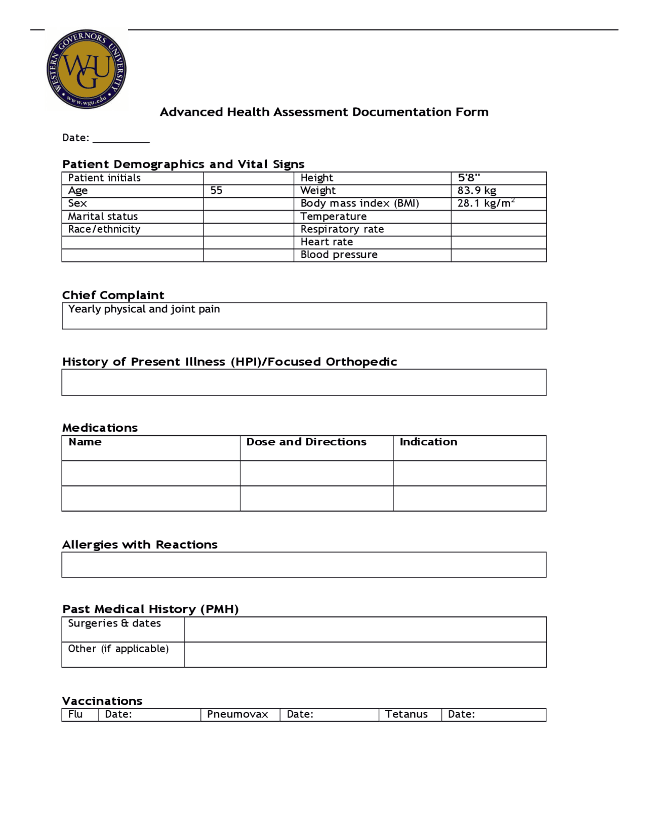 Advanced Health Assessment Documentation Form | Exams Nursing | Docsity