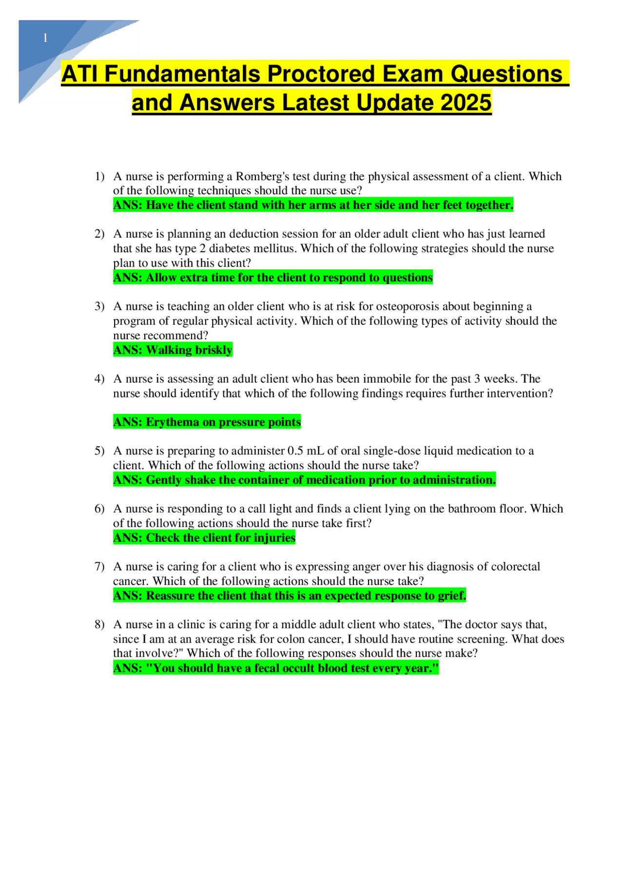ATI Fundamentals Proctored Exam Questions and Answers Latest Update ...