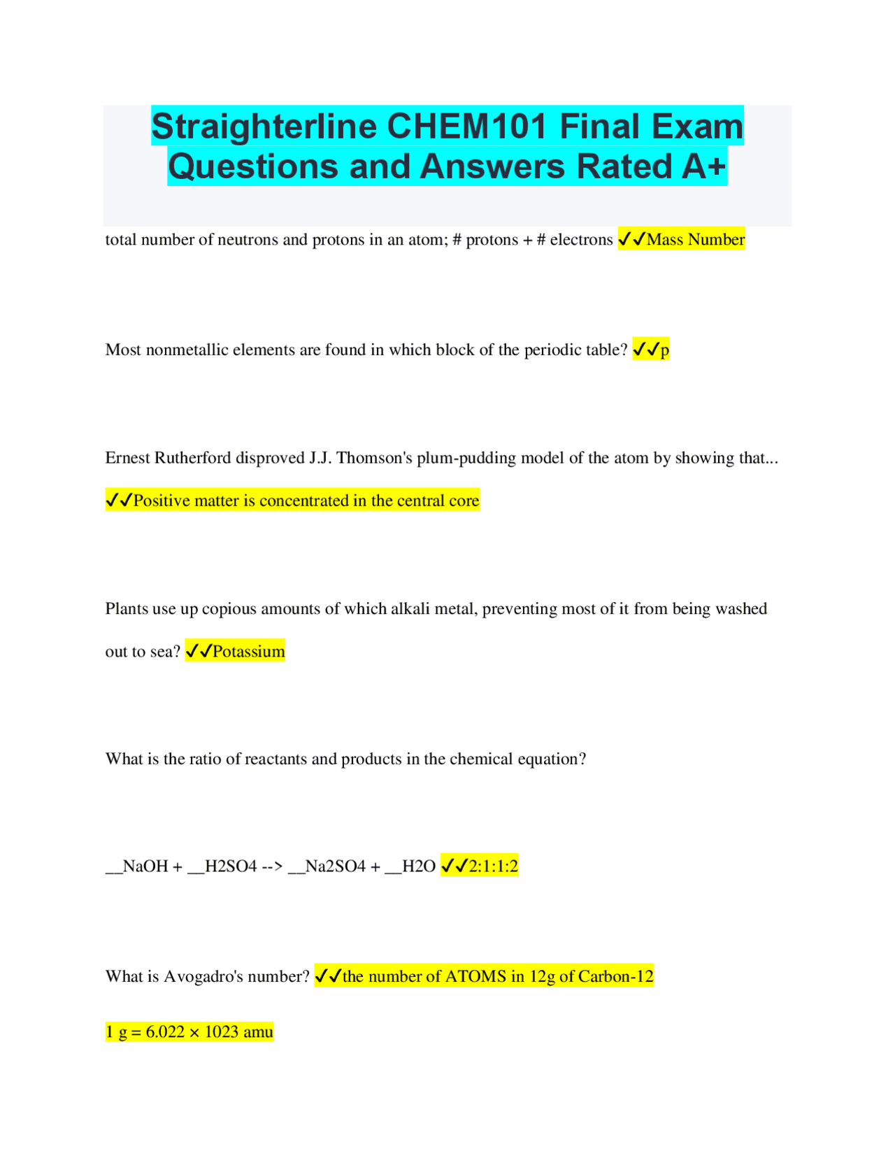 Straighterline CHEM101 Final Exam Questions and Answers Rated A+ ...