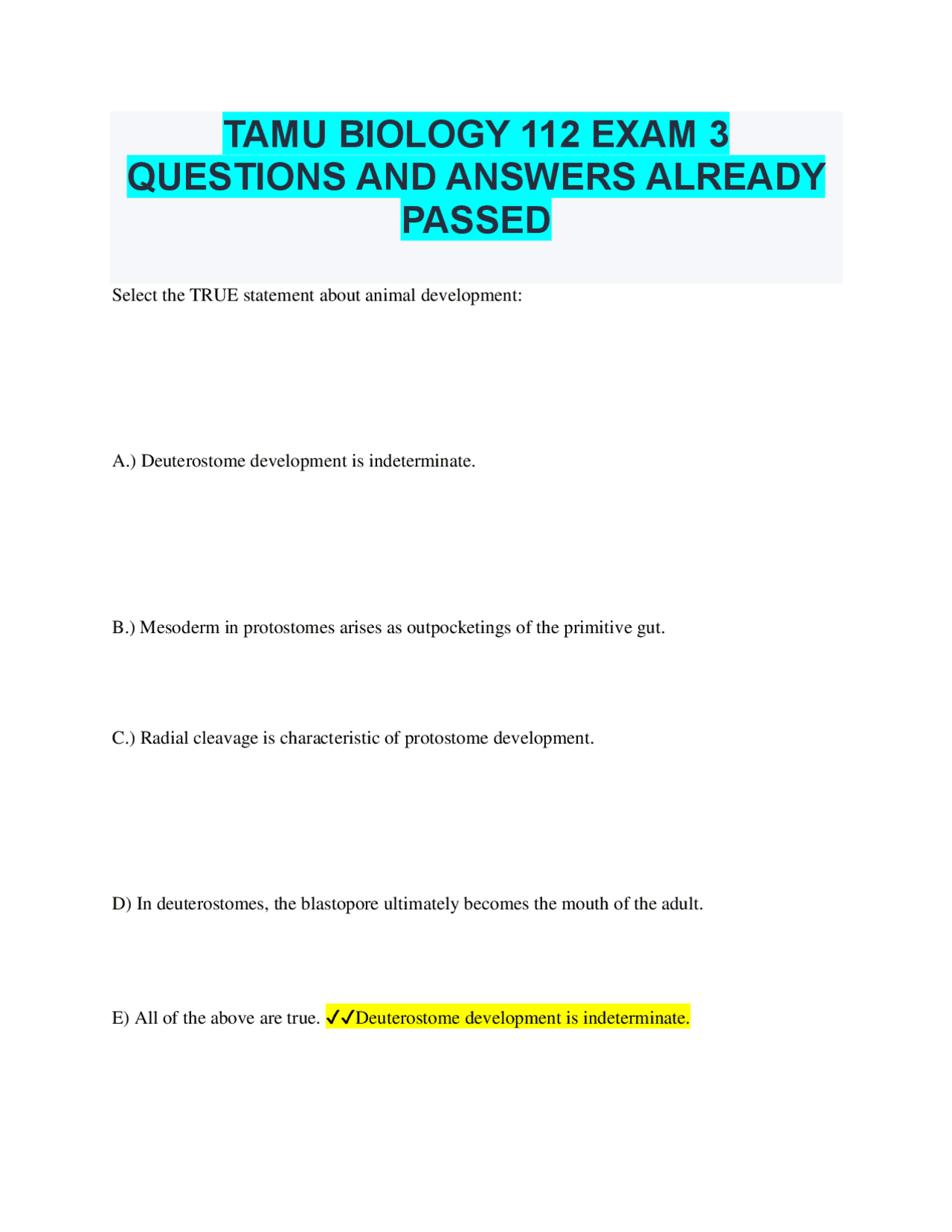 TAMU BIOLOGY 112 EXAM 3 QUESTIONS AND ANSWERS ALREADY PASSED | Exams ...