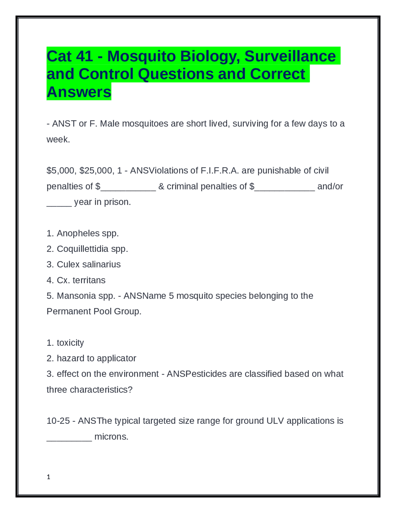 Cat 41 - Mosquito Biology, Surveillance and Control Questions & Answers ...