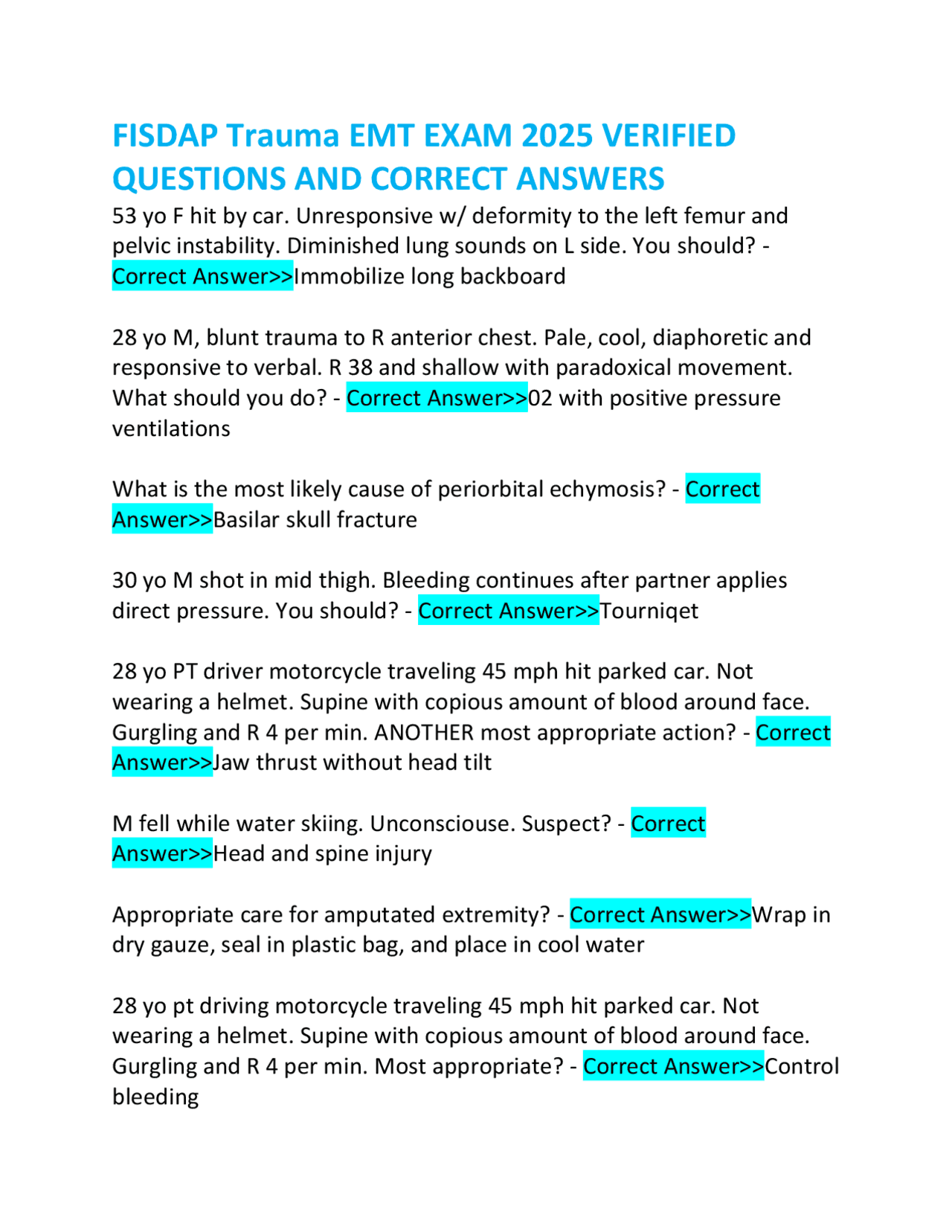 FISDAP Trauma EMT EXAM 2025 VERIFIED QUESTIONS AND CORRECT ANSWERS ...