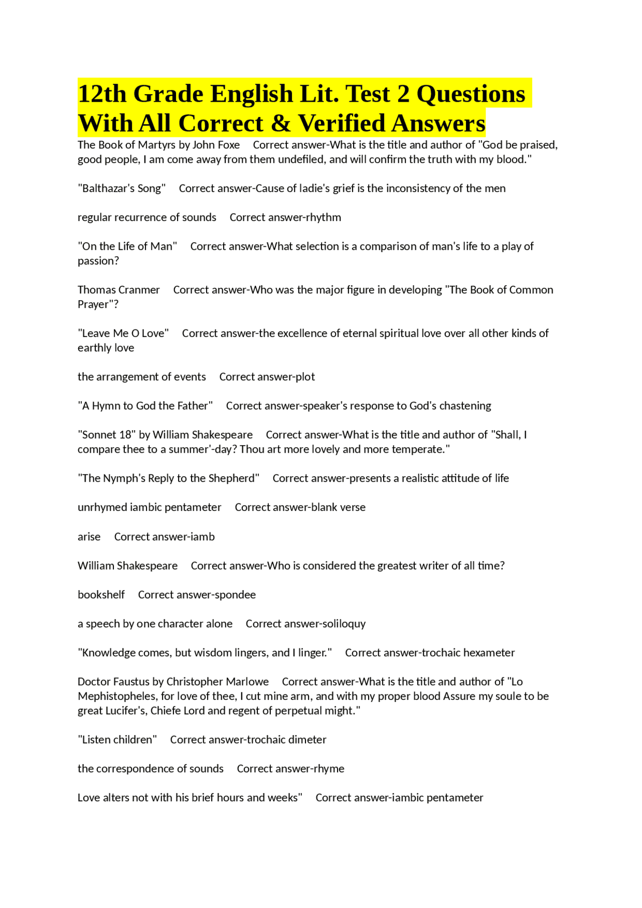 12th Grade English Lit. Test 2 Questions With All Correct & Verified ...