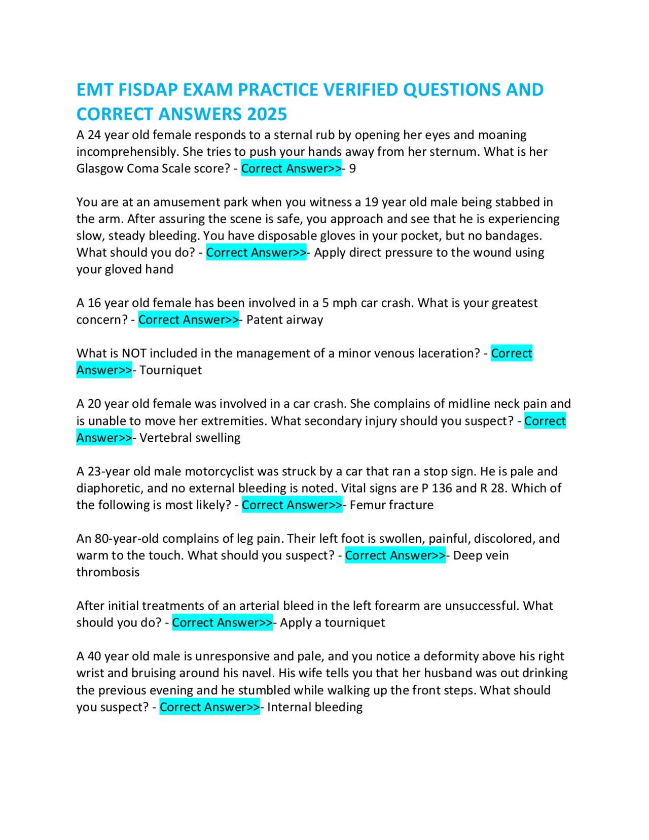 EMT FISDAP EXAM PRACTICE VERIFIED QUESTIONS AND CORRECT ANSWERS 2025 ...
