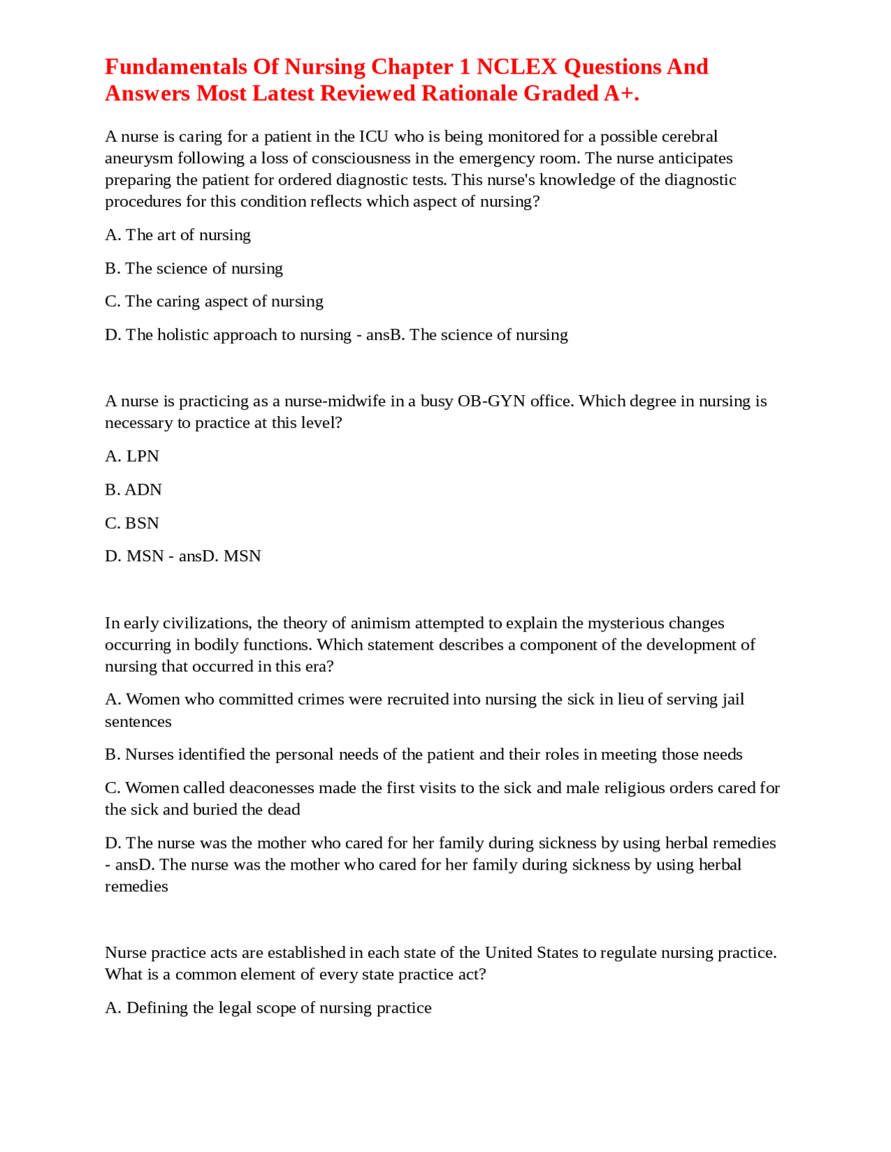 Fundamentals Of Nursing Chapter 1 NCLEX Questions And Answers Most ...