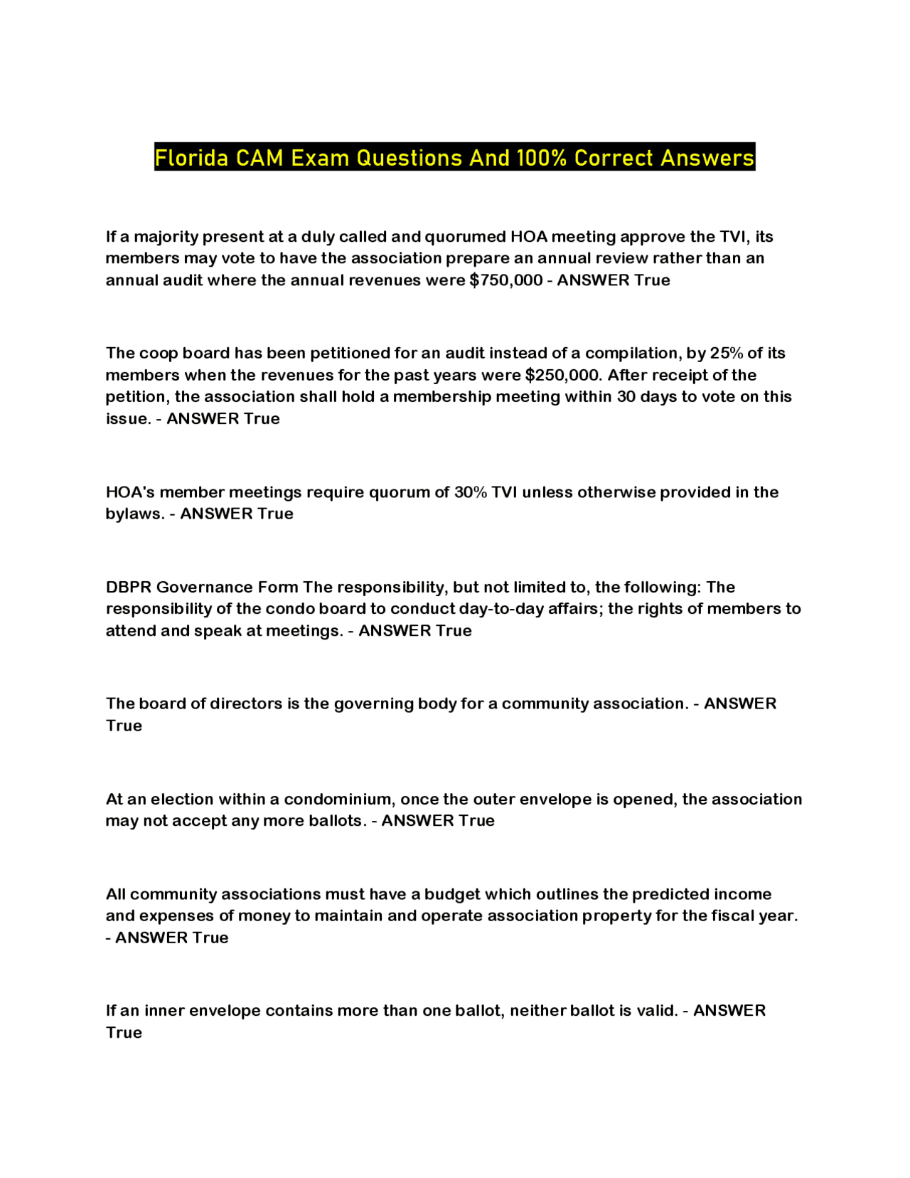 Florida CAM Exam Questions And 100% Correct Answers | Exams Advanced ...