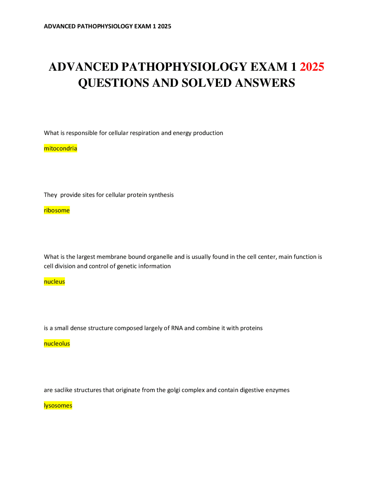 ADVANCED PATHOPHYSIOLOGY EXAM 1 2025 QUESTIONS AND SOLVED ANSWERS ...
