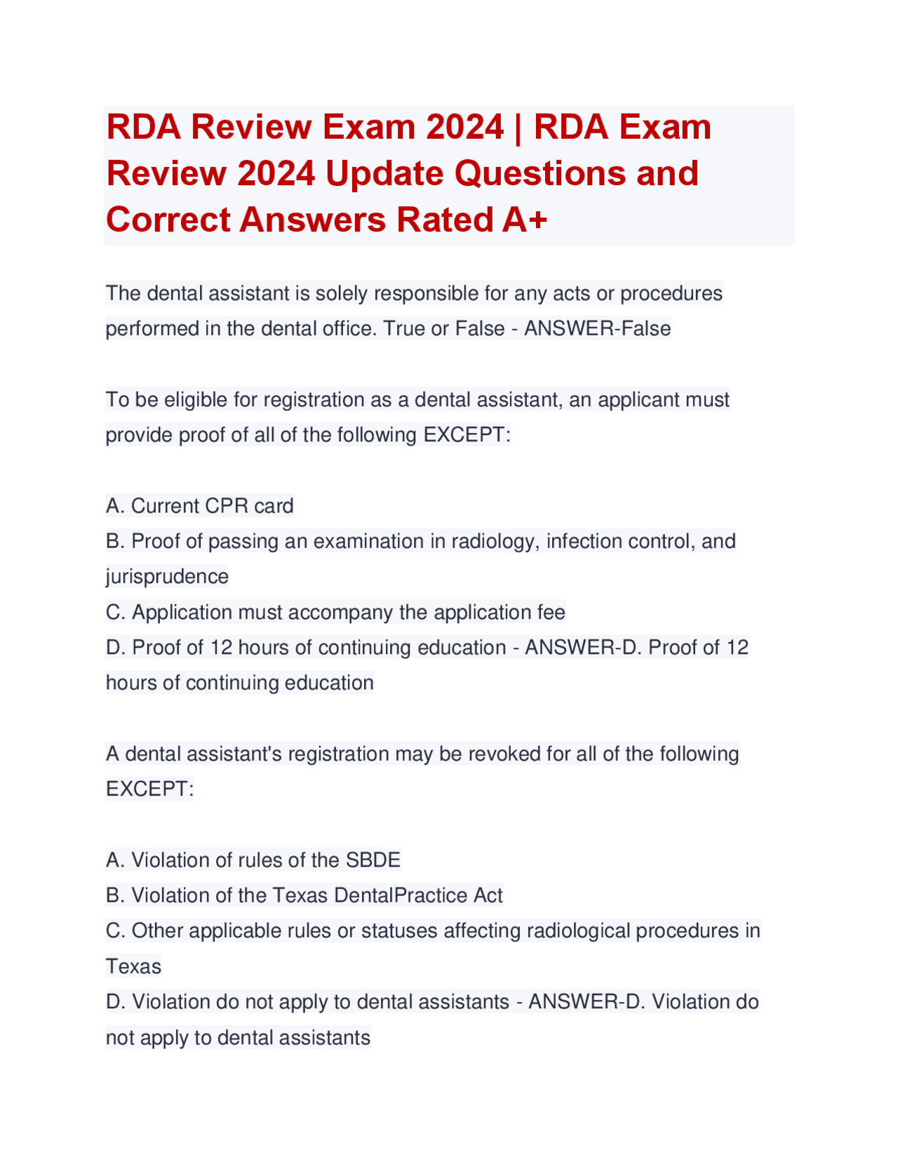 Level 4 Rda Worksheets RDA Review Exam 2024 | RDA Exam Review 2024 Update Questions and ...