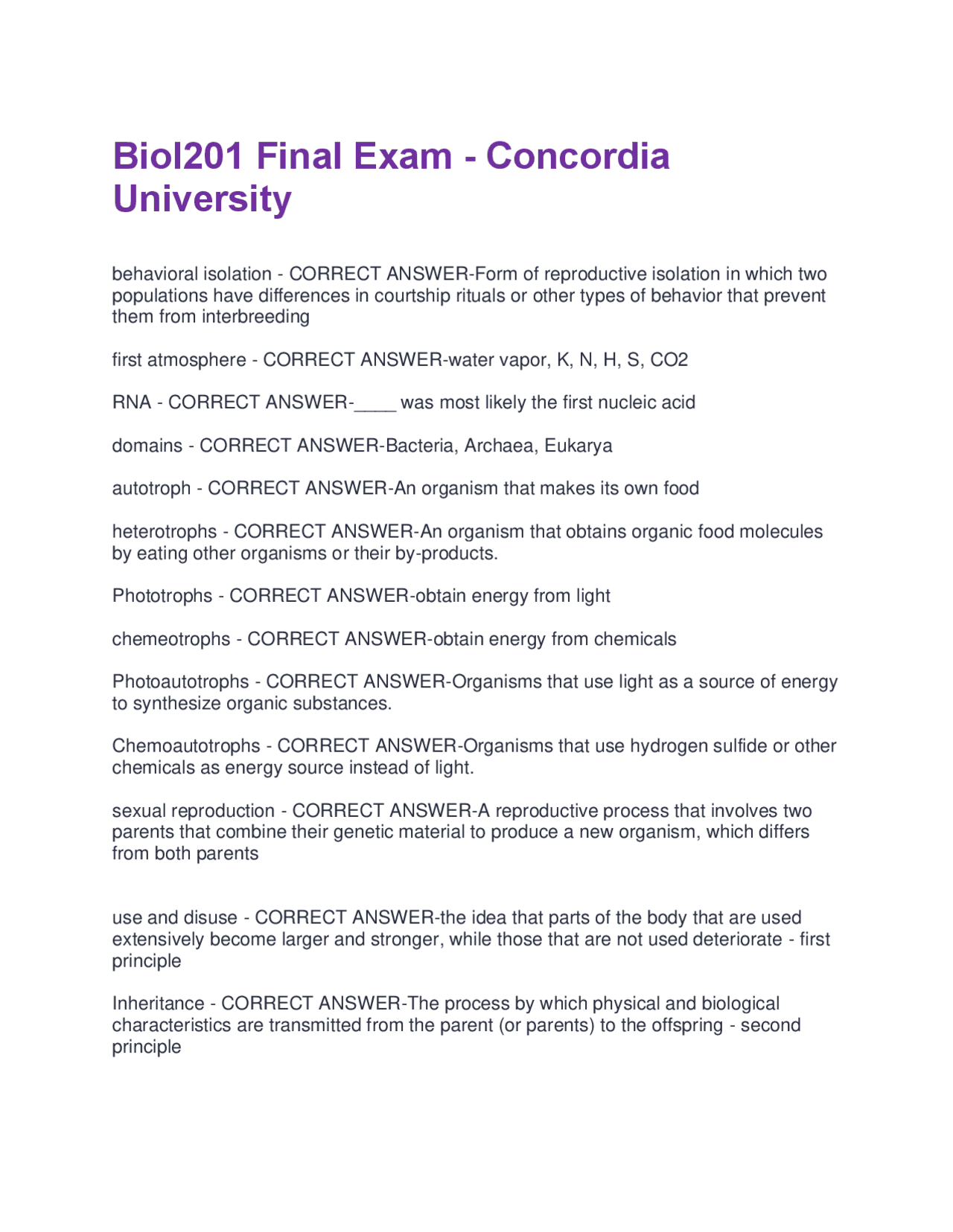 Biol201 Final Exam - Concordia University Questions with Correct ...