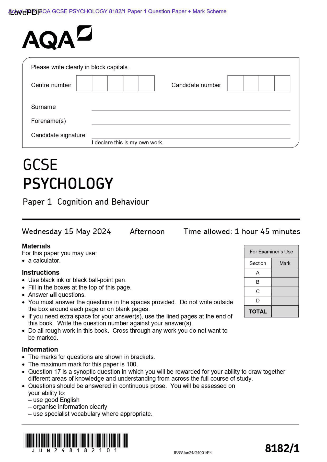 Actual 2024 AQA GCSE PSYCHOLOGY 8182/1 Paper 1 Question Paper + Mark ...