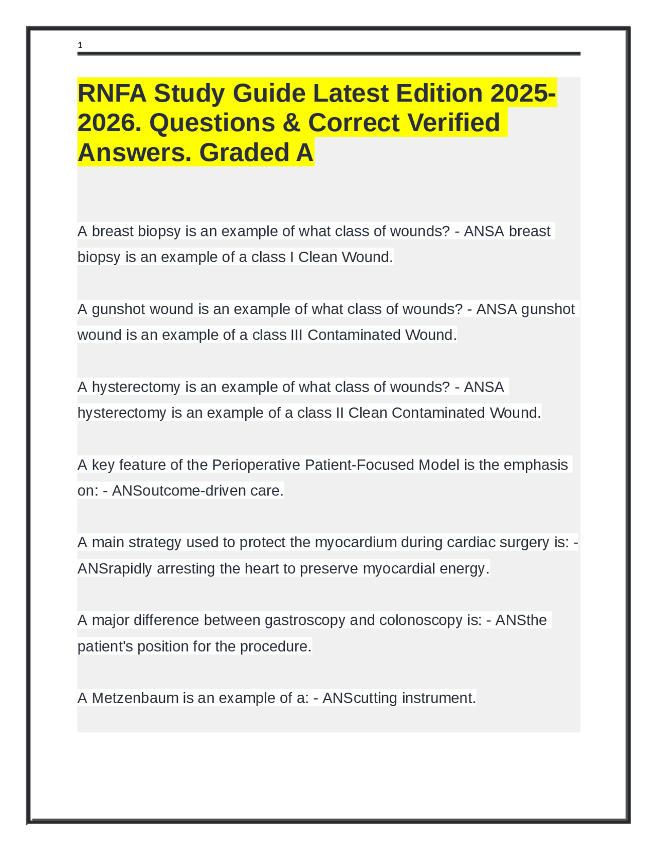 RNFA Study Guide Latest Edition 2025-2026. Questions & Correct Verified ...