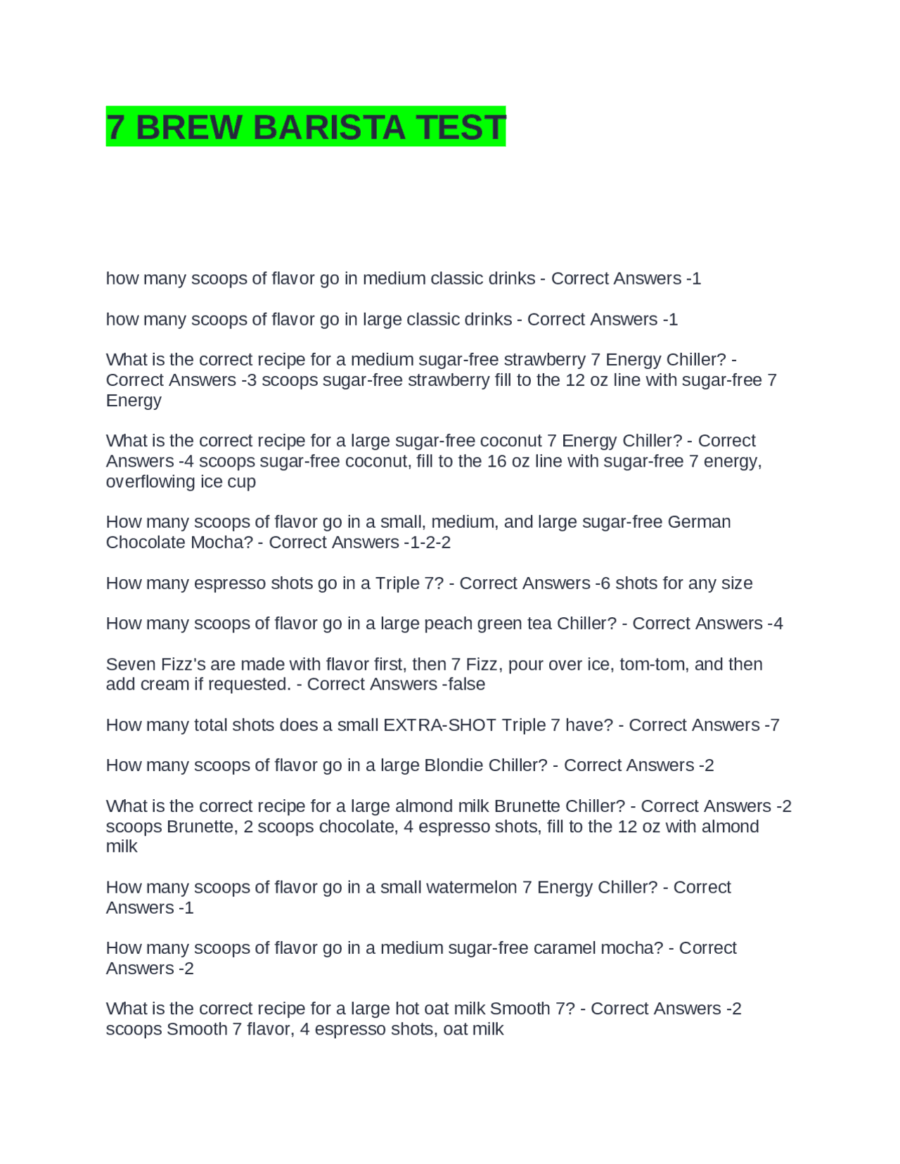 7 BREW BARISTA TEST QUESTIONS AND ANSWERS (GRADED A) | Exams Advanced ...