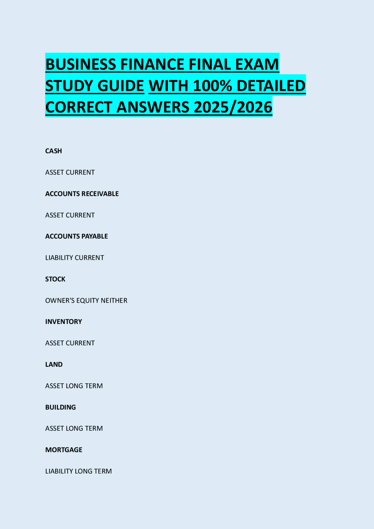 BUSINESS FINANCE FINAL EXAM STUDY GUIDE WITH 100% DETAILED CORRECT ...