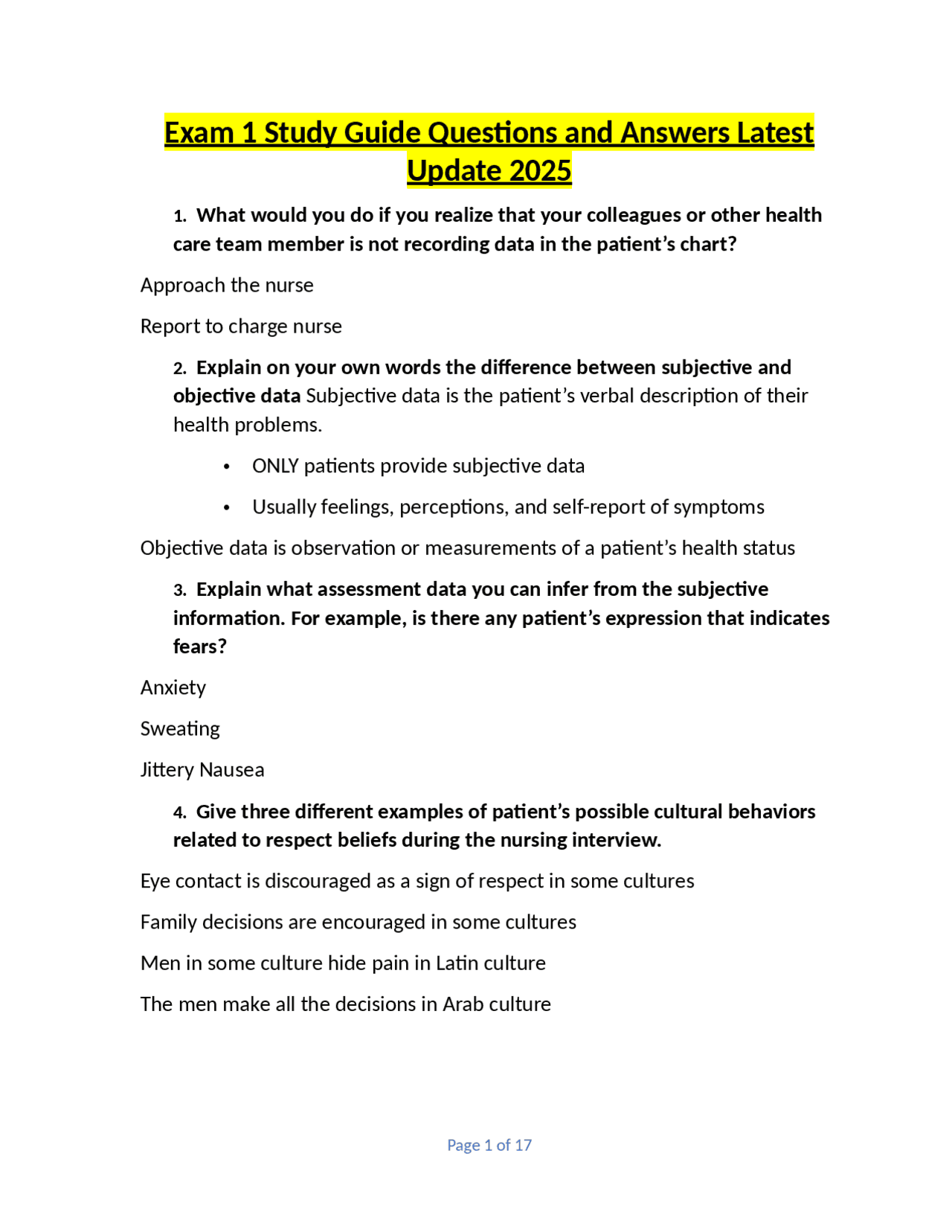 Exam 1 Study Guide Questions and Answers Latest Update 2025 | Exams ...