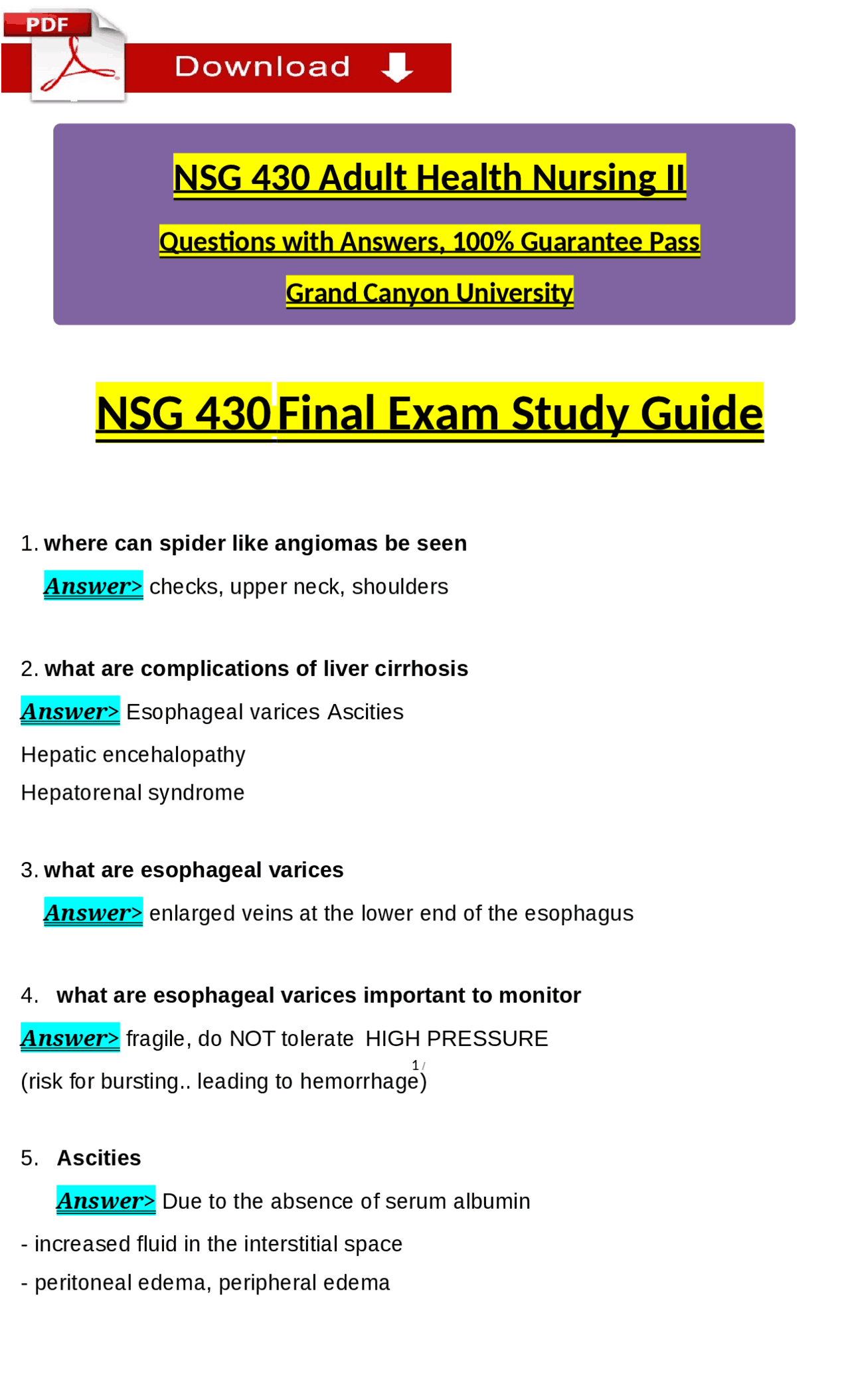 NSG 430 Final Exam Study Guide tested questions (latest 2025 / 2026 ...