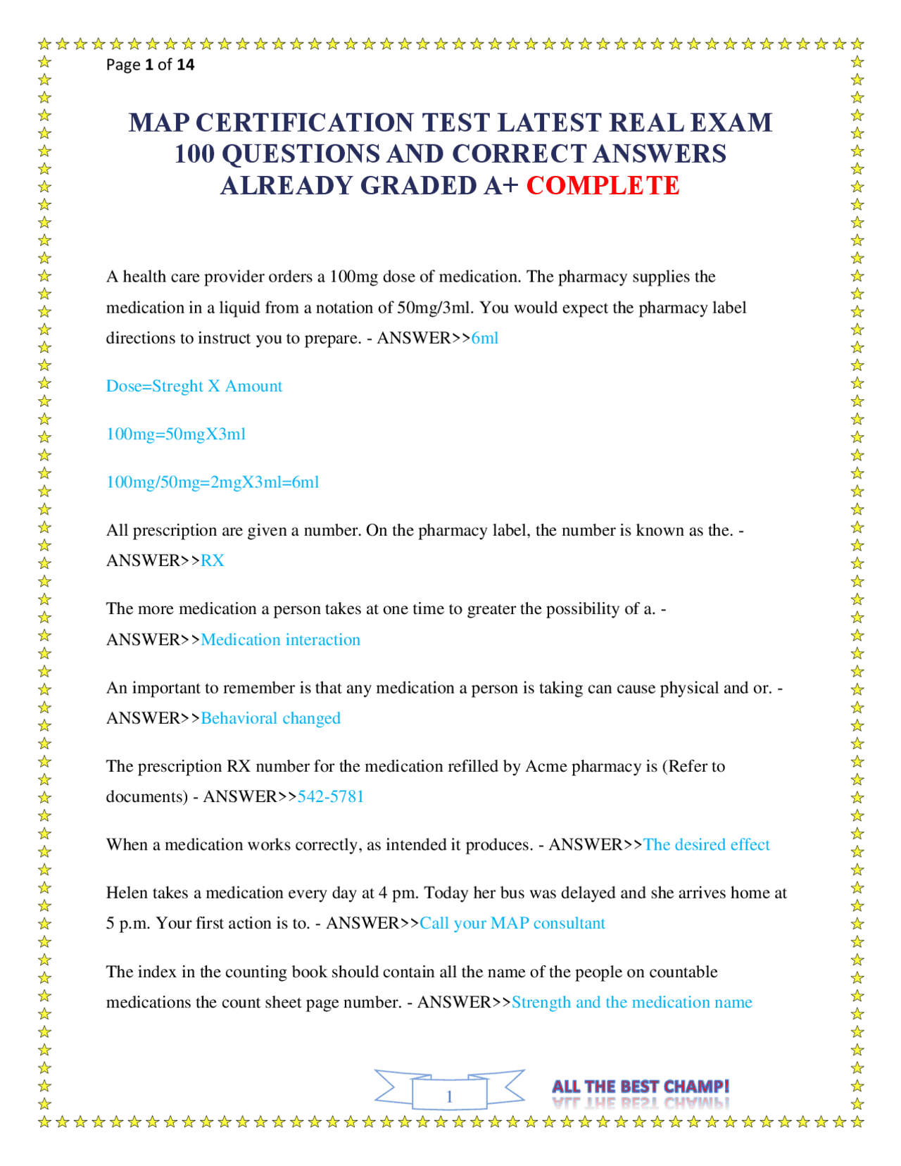 MAP CERTIFICATION TEST LATEST REAL EXAM 100 QUESTIONS AND CORRECT ...