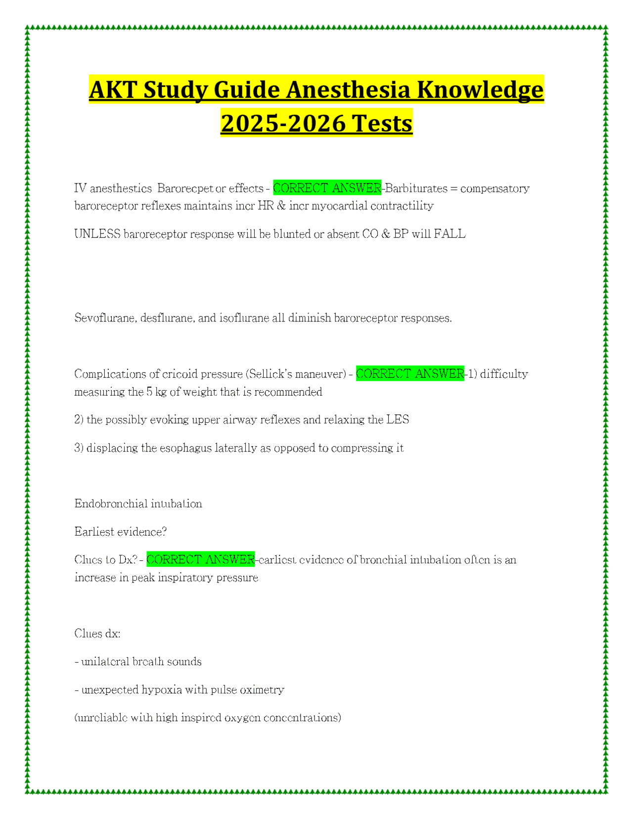 AKT Study Guide Anesthesia Knowledge 2025-2026 Tests | Exams Anesthesiology  | Docsity