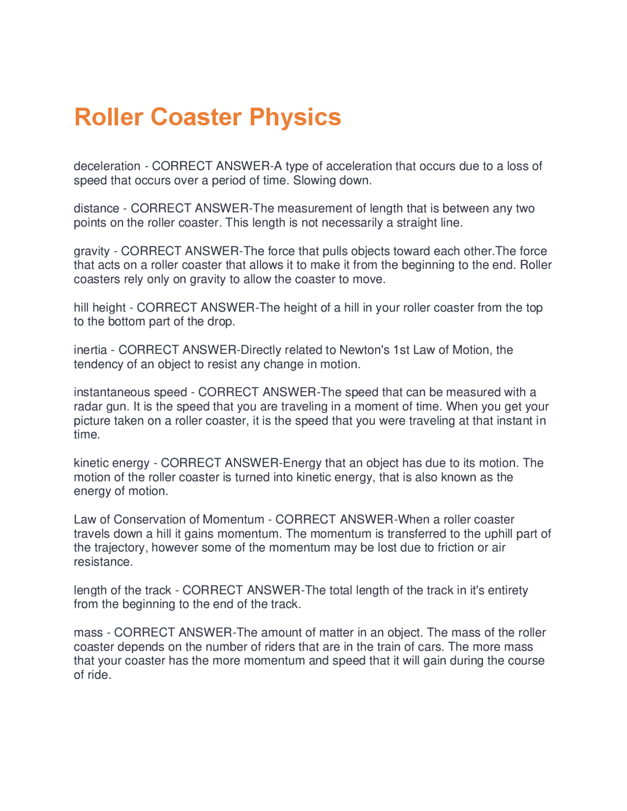 Roller Coaster Physics Questions And Answers Rated A+ New Update ...