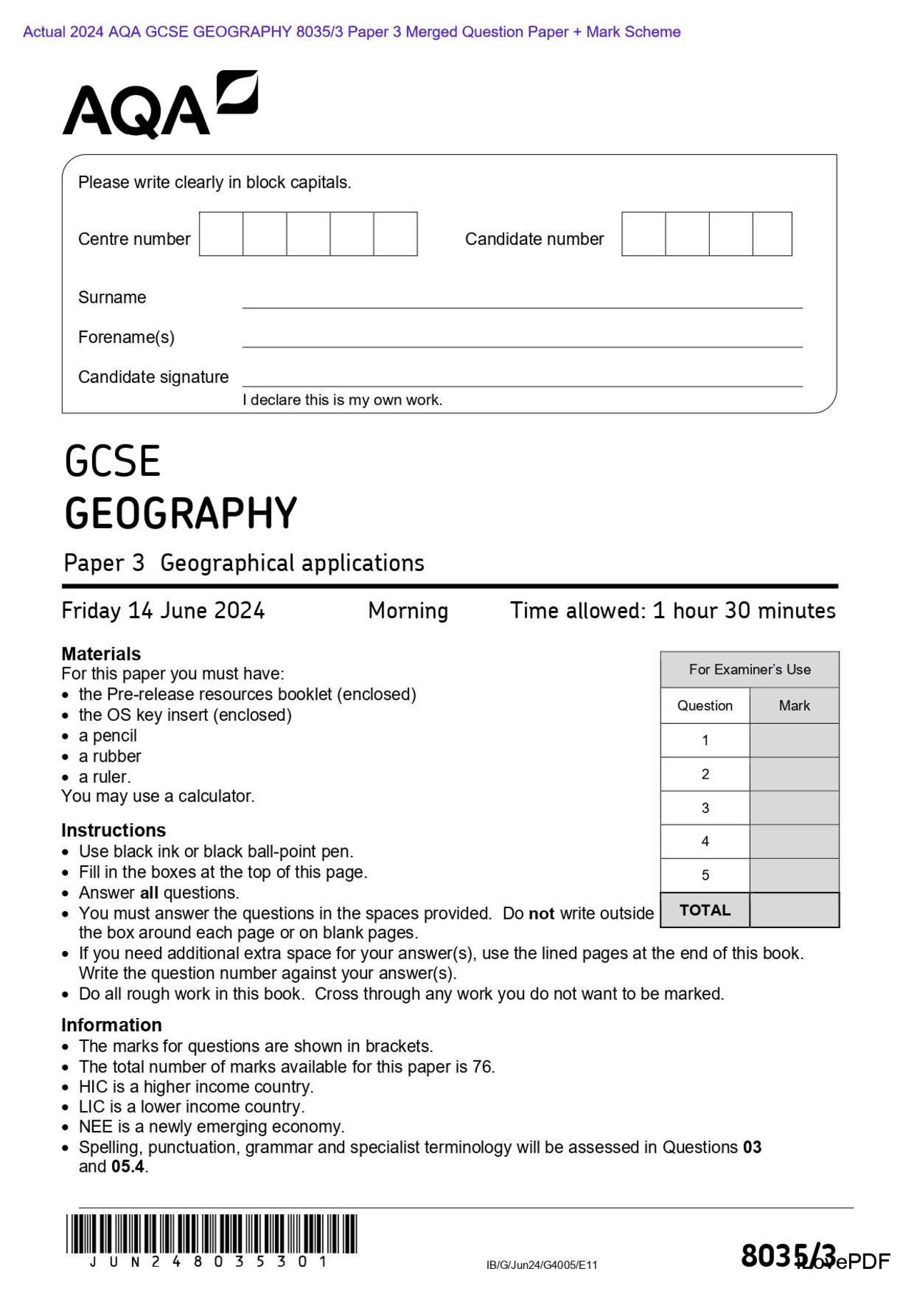Actual 2024 AQA GCSE GEOGRAPHY 8035/3 Paper 3 Merged Question Paper ...