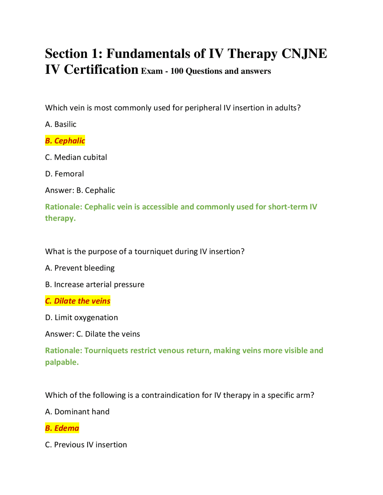 Section 1: Fundamentals of IV Therapy CNJNE IV Certification Exam - 100 ...