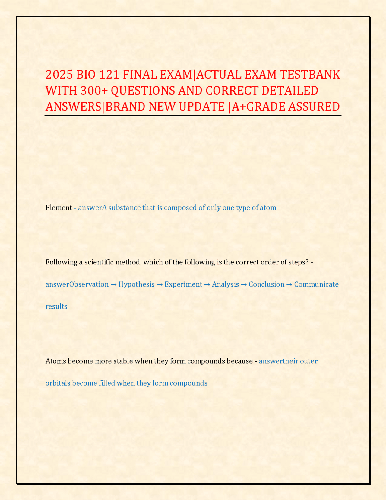 Biology 121 Final Exam Questions and Answers | Exams Biology | Docsity