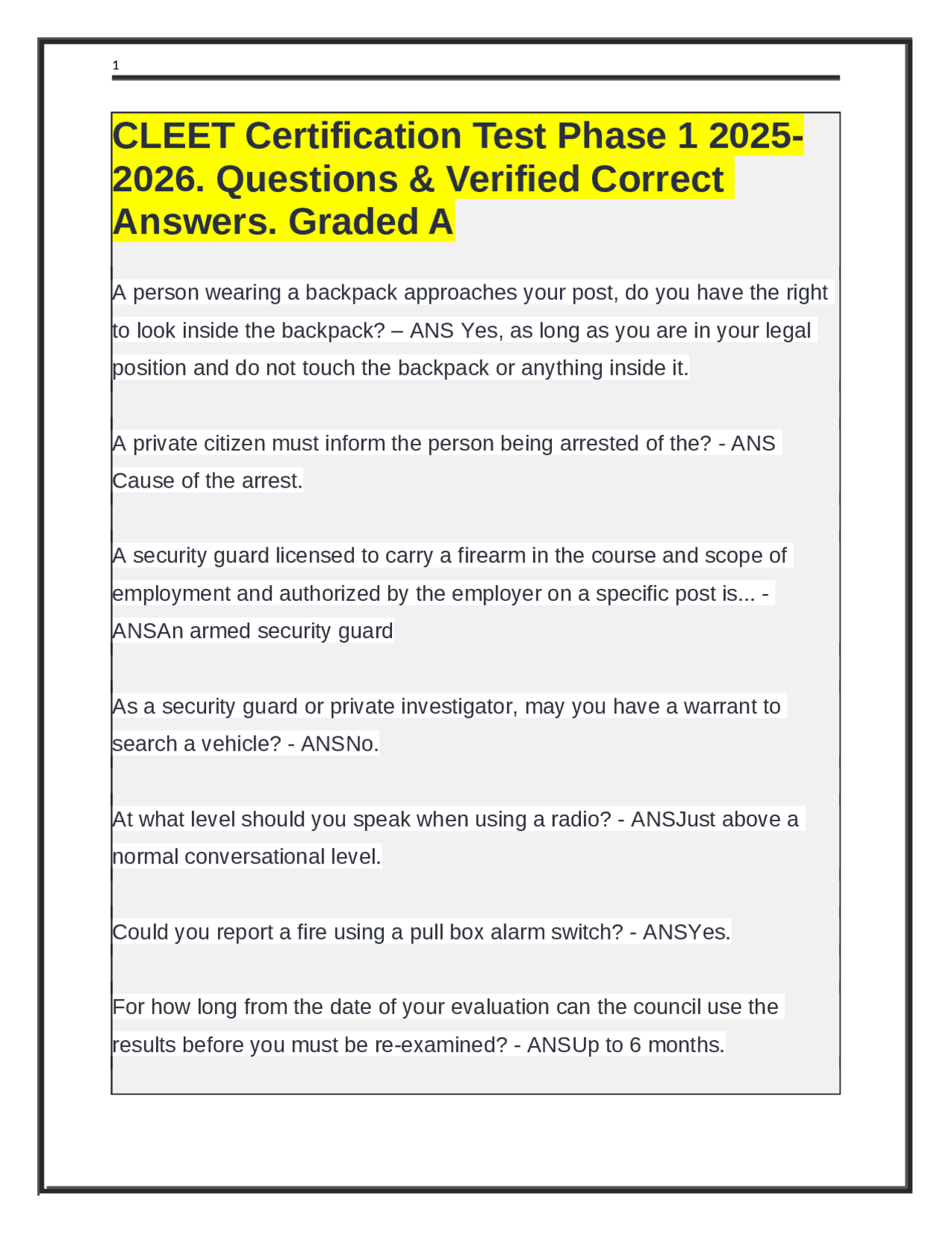 CLEET Certification Test Phase 1 2025-2026. Questions & Verified ...