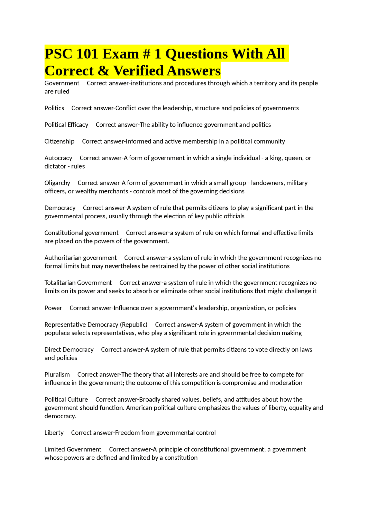 PSC 101 Exam #1: Key Terms and Concepts in Political Science | Exams ...