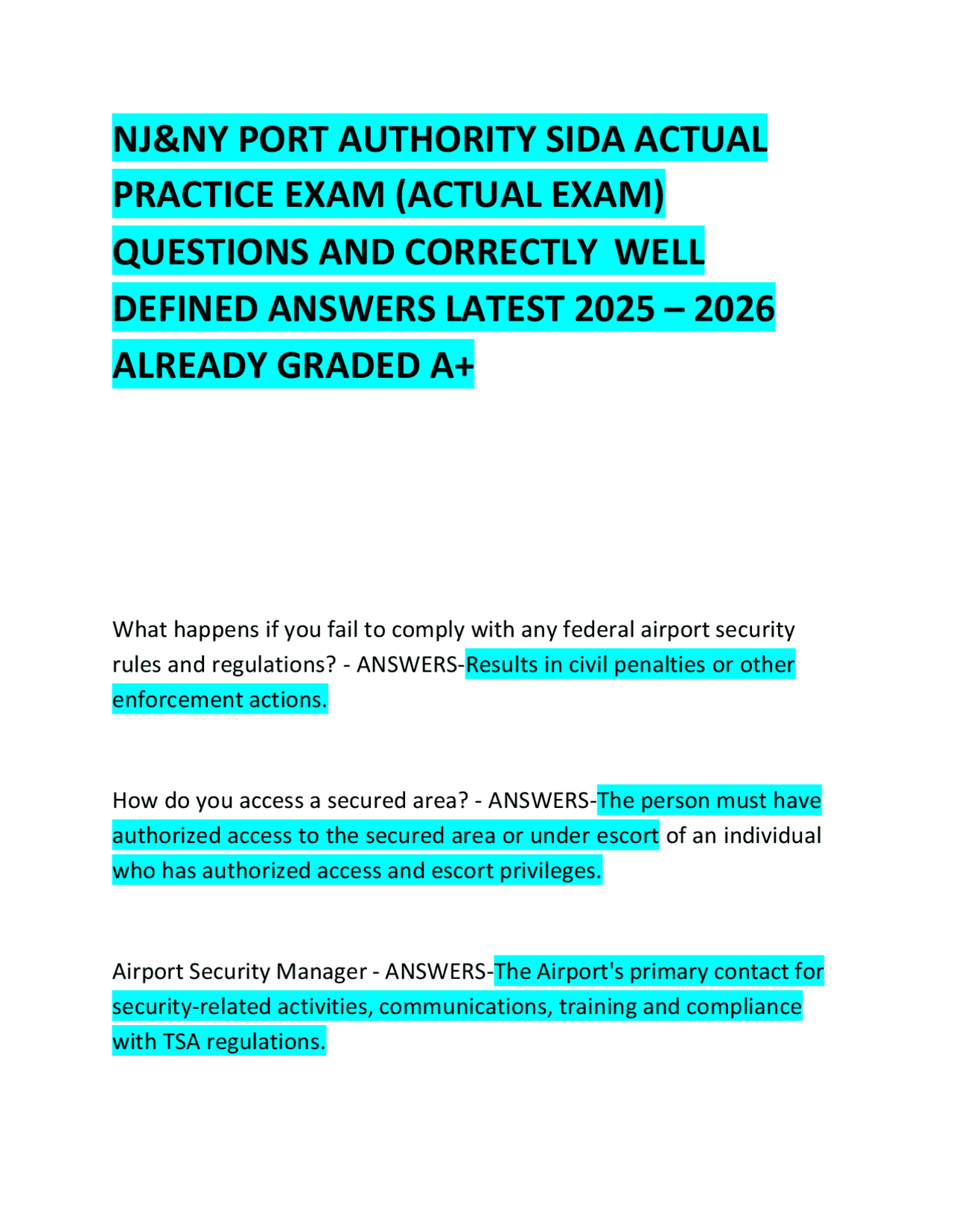 NJ&NY PORT AUTHORITY SIDA ACTUAL PRACTICE EXAM (ACTUAL EXAM) QUESTIONS | Exams Aviation | Docsity