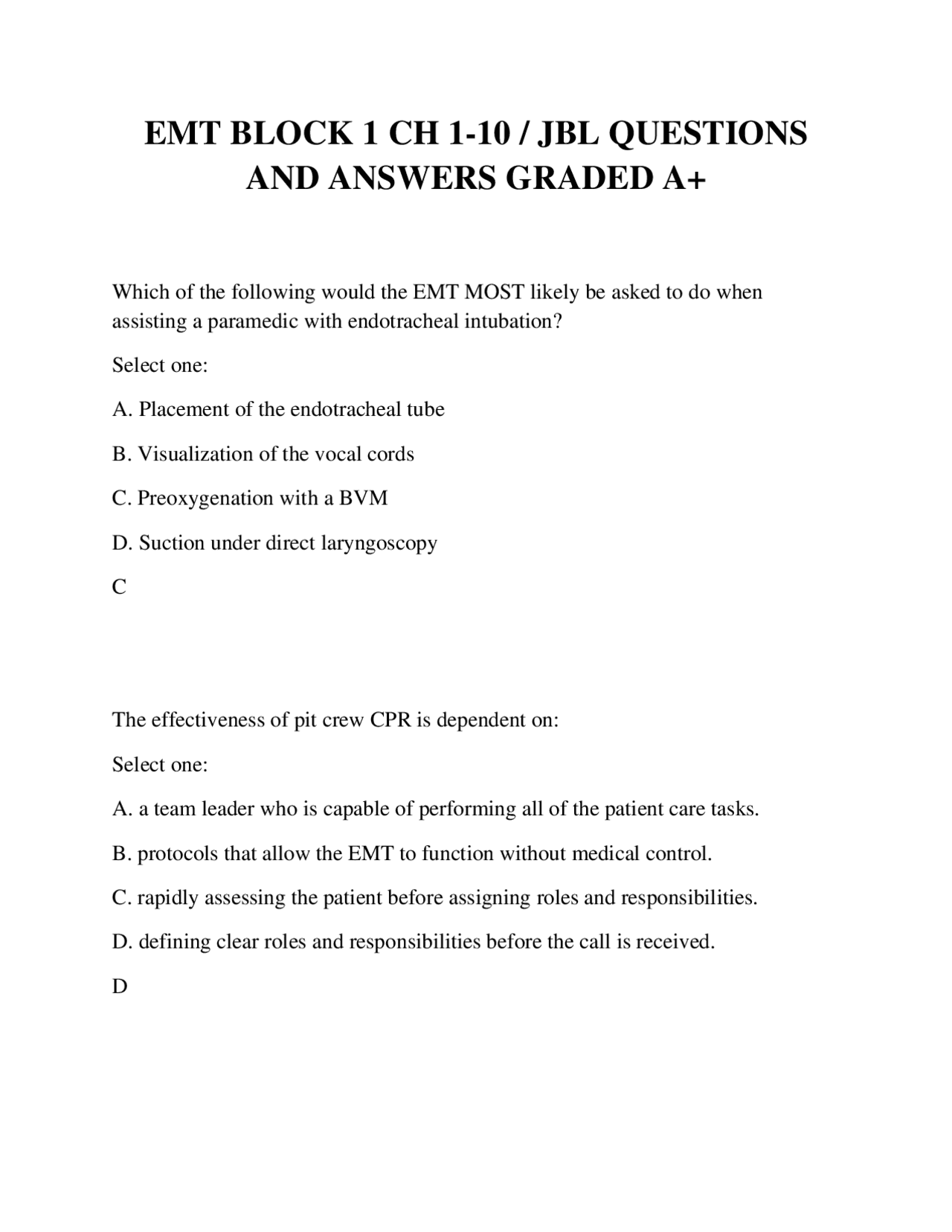 EMT Block 1 Chapters 1-10: Questions and Answers | Exams Nursing | Docsity
