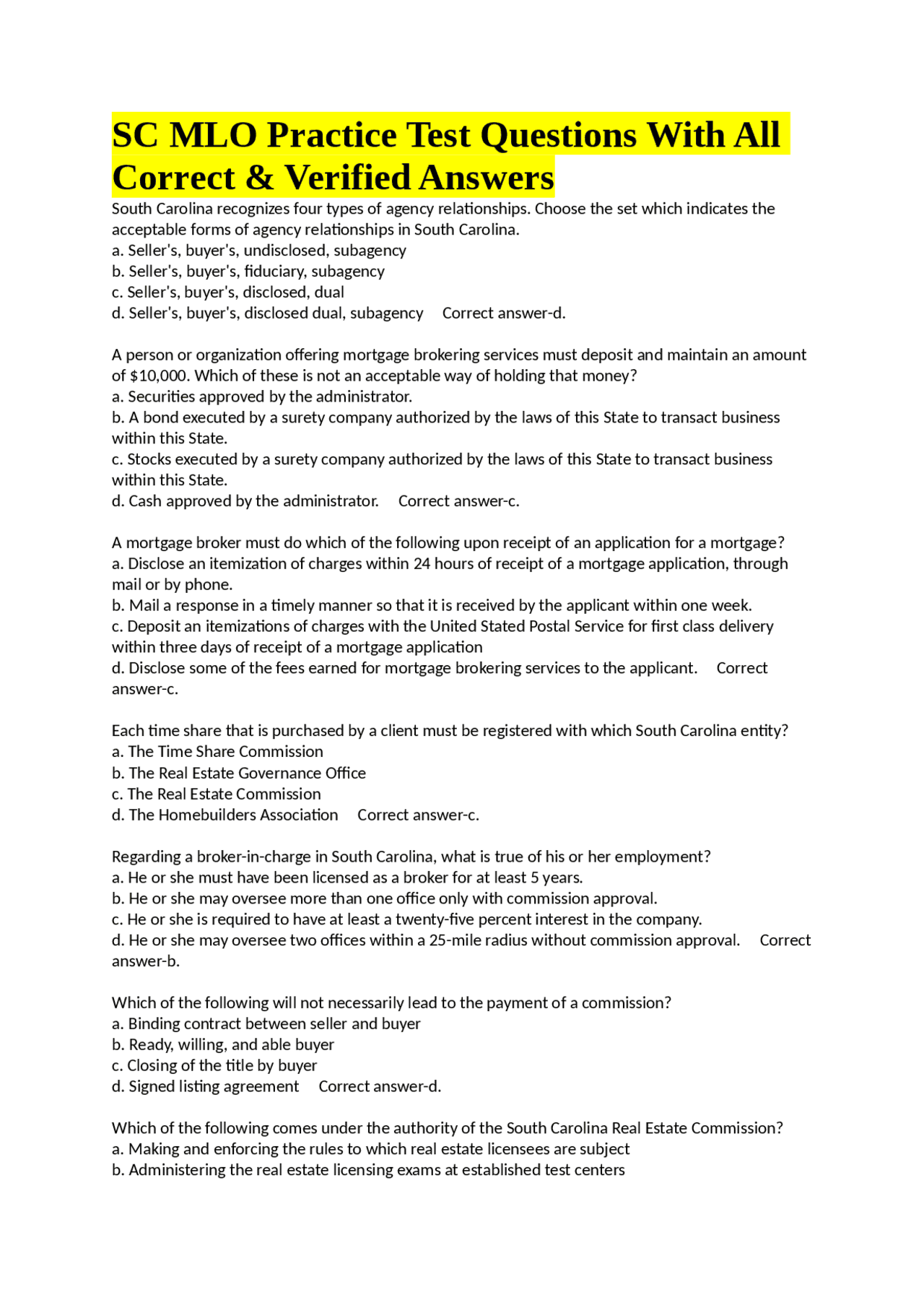 SC MLO Practice Test Questions With All Correct &amp; Verified Answers | Exams Nursing | Docsity