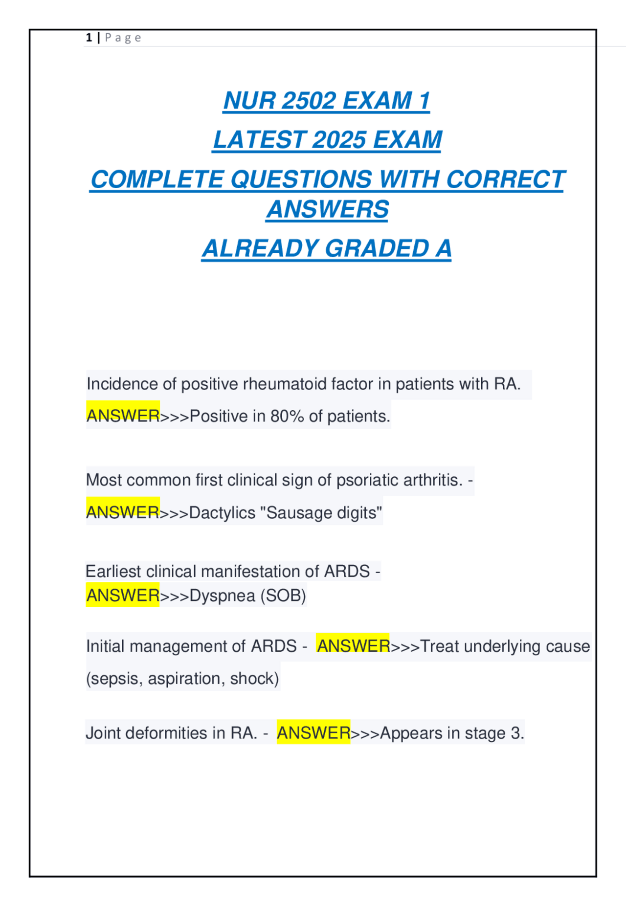 NUR 2502 EXAM 1 LATEST 2025 EXAM COMPLETE QUESTIONS WITH CORRECT ...