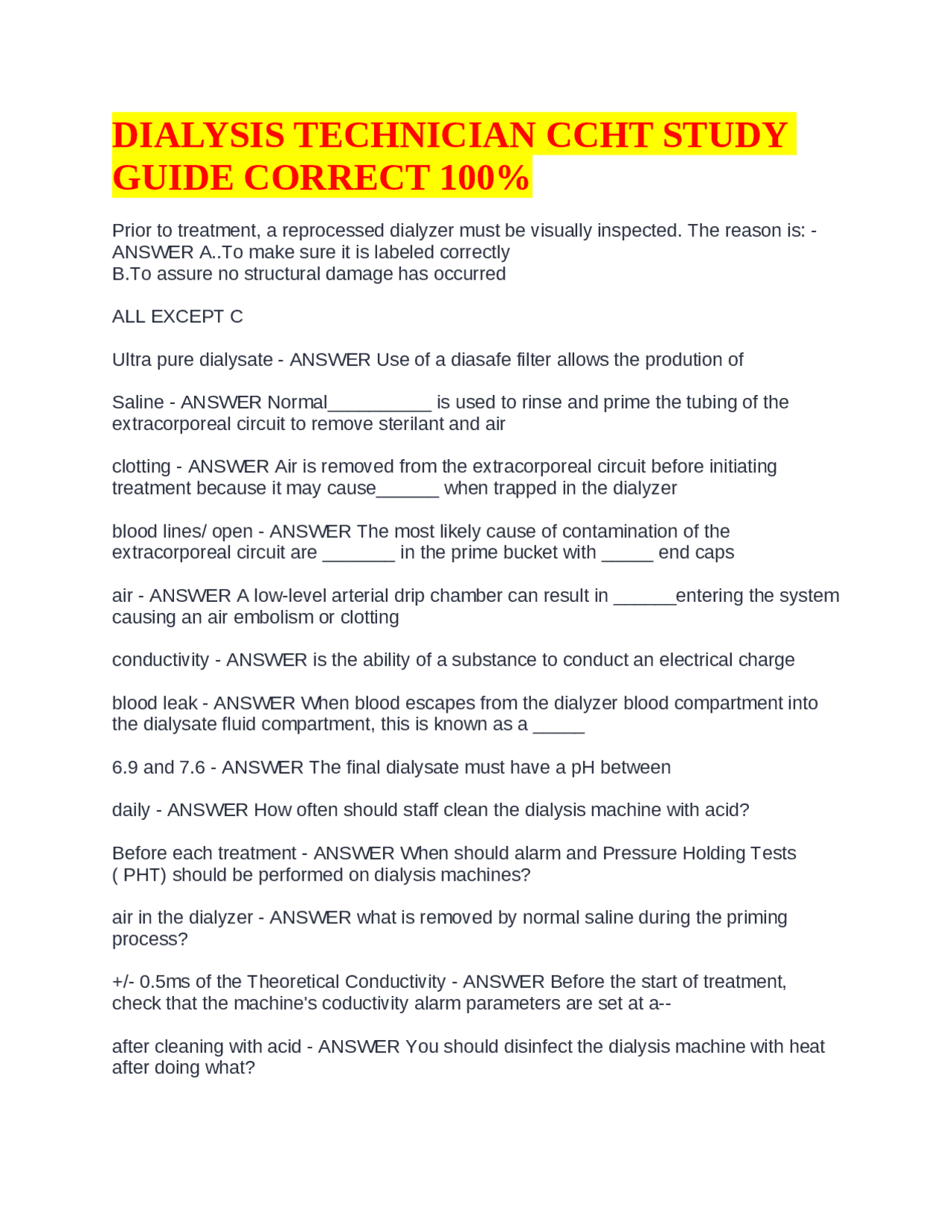 DIALYSIS TECHNICIAN CCHT STUDY GUIDE CORRECT 100% | Exams Nursing | Docsity