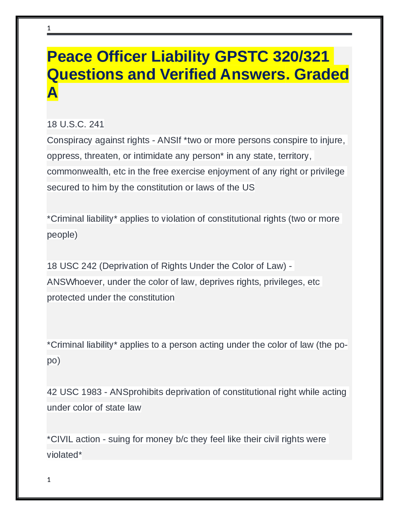 Peace Officer Liability GPSTC 320/321 Questions and Verified Answers ...