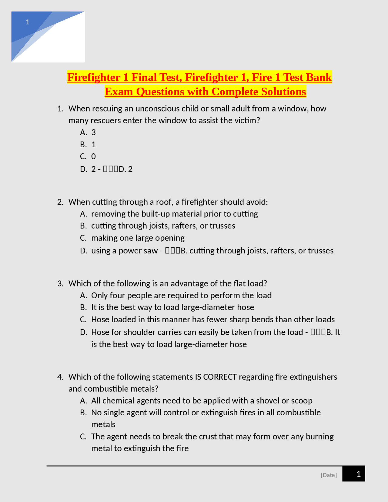 Firefighter 1 Final Test, Firefighter 1, Fire 1 Test Bank Exam ...
