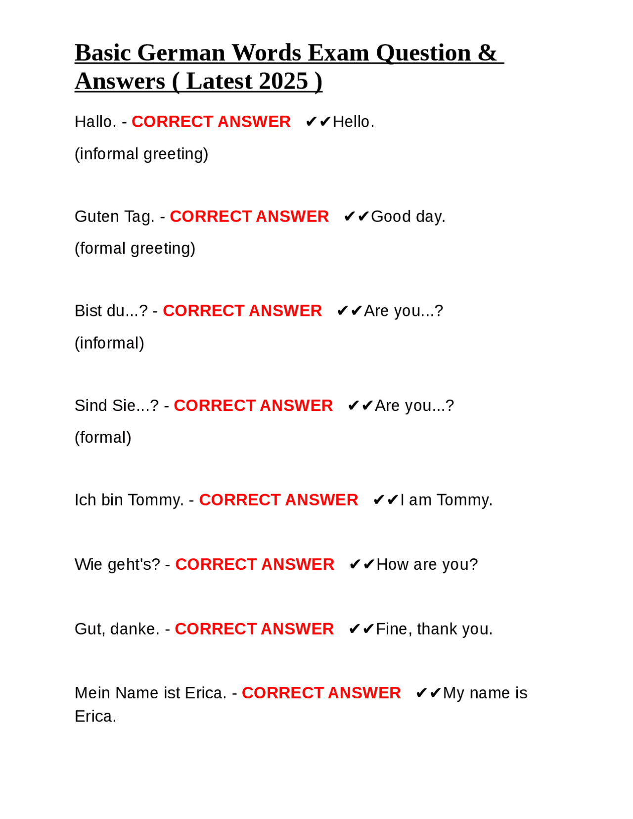 Basic German Words Exam Question & Answers ( Latest 2025 ) | Exams ...