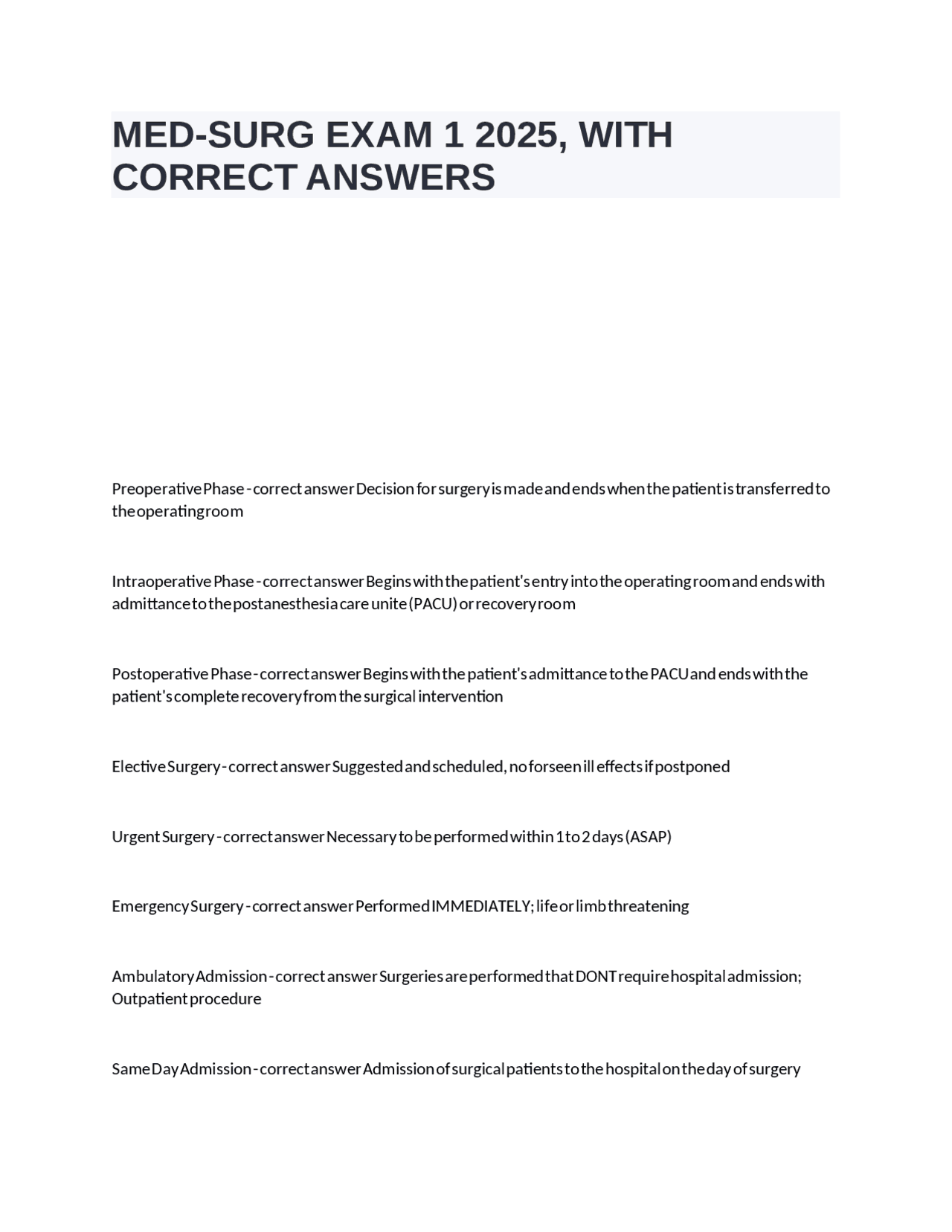 MED-SURG EXAM 1 2025, WITH CORRECT ANSWERS. | Exams Nursing | Docsity