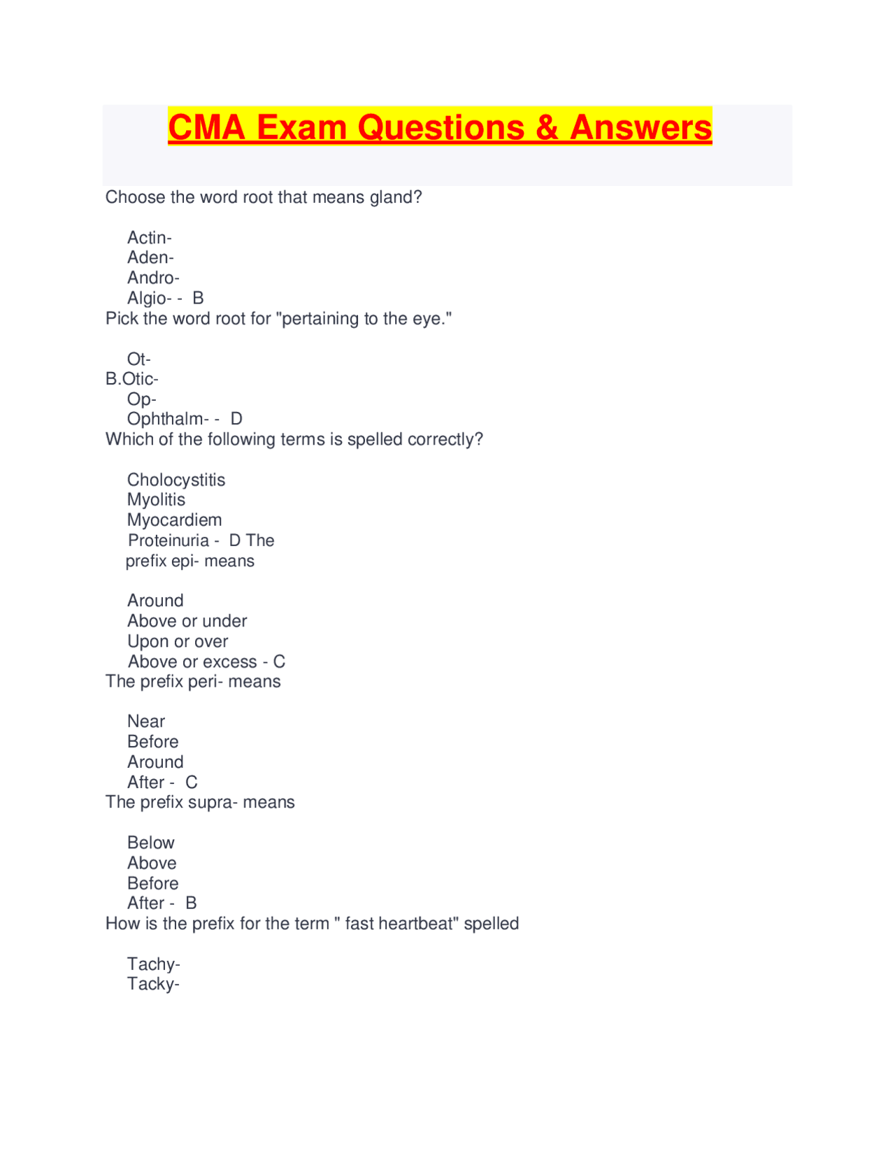 Medical Terminology: Multiple Choice Questions and Answers | Exams ...