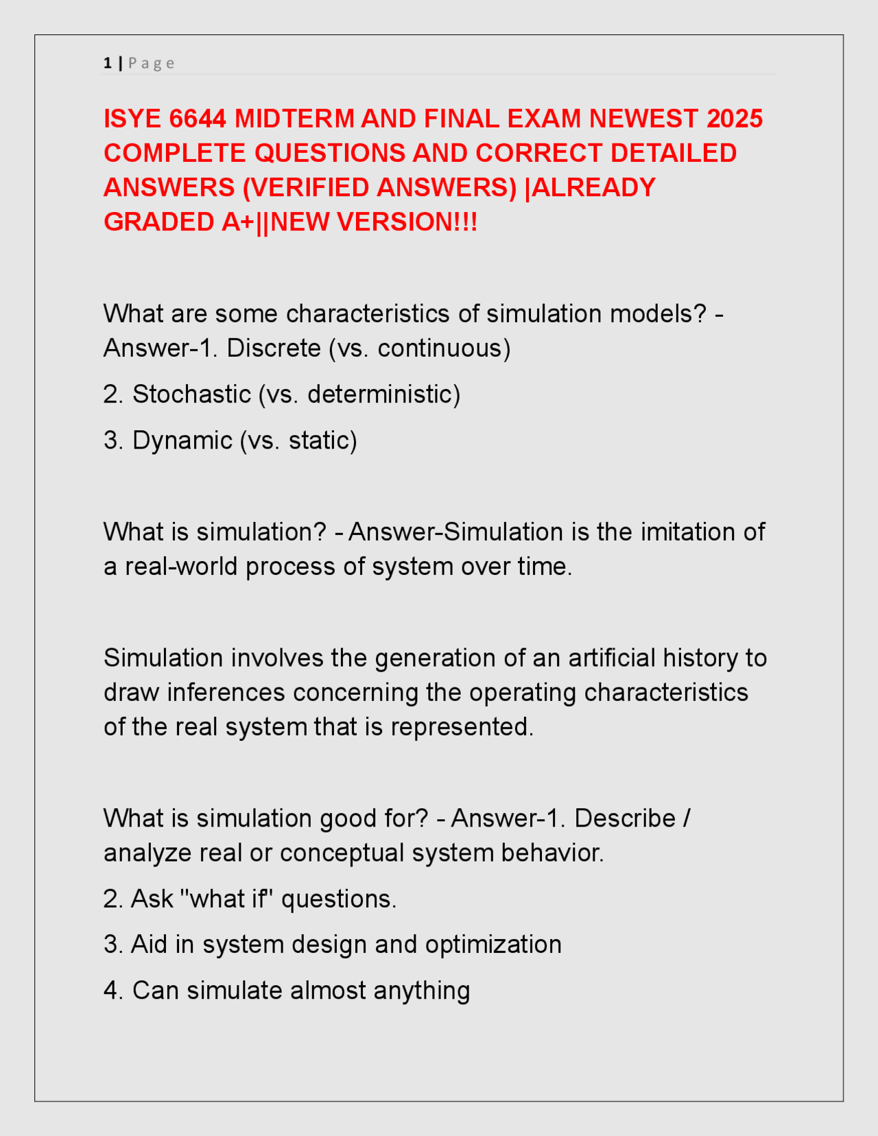 ISYE 6644 MIDTERM AND FINAL EXAM NEWEST 2025 COMPLETE QUESTIONS AND ...