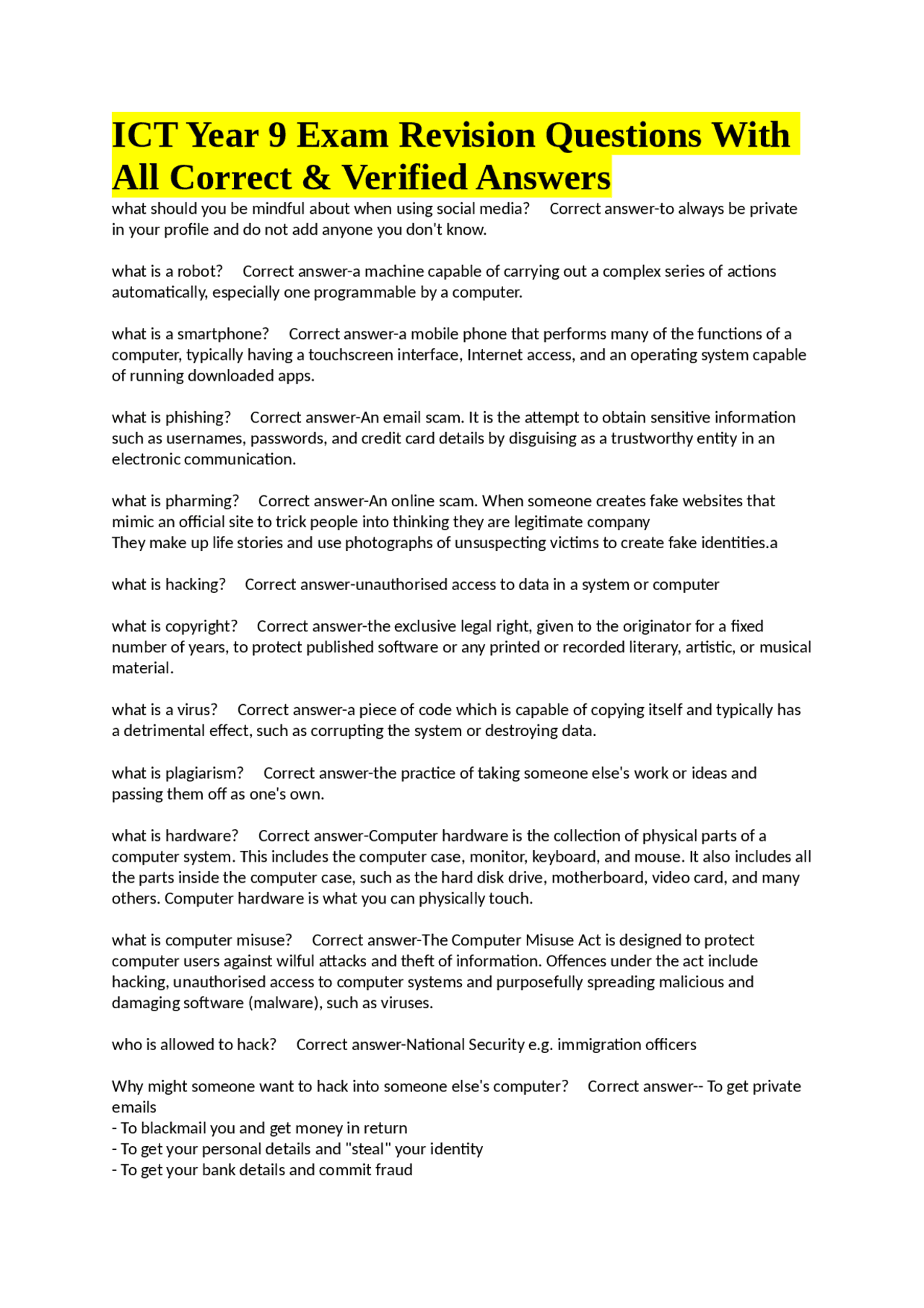 ICT Year 9 Exam Revision Questions With All Correct & Verified Answers ...